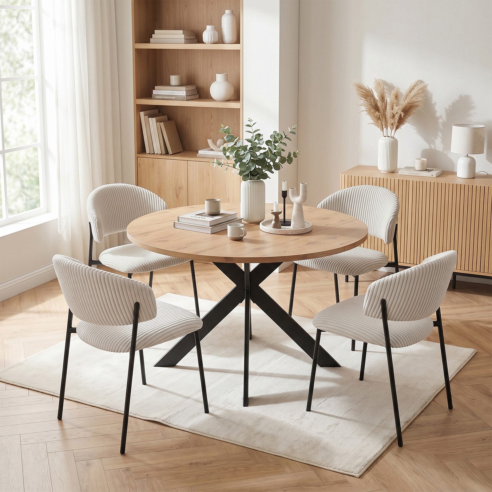 Jiexi Essgruppe Runder Esstisch 110cm MDF Set mit 4 Cord Stühlen Kreuzgestell