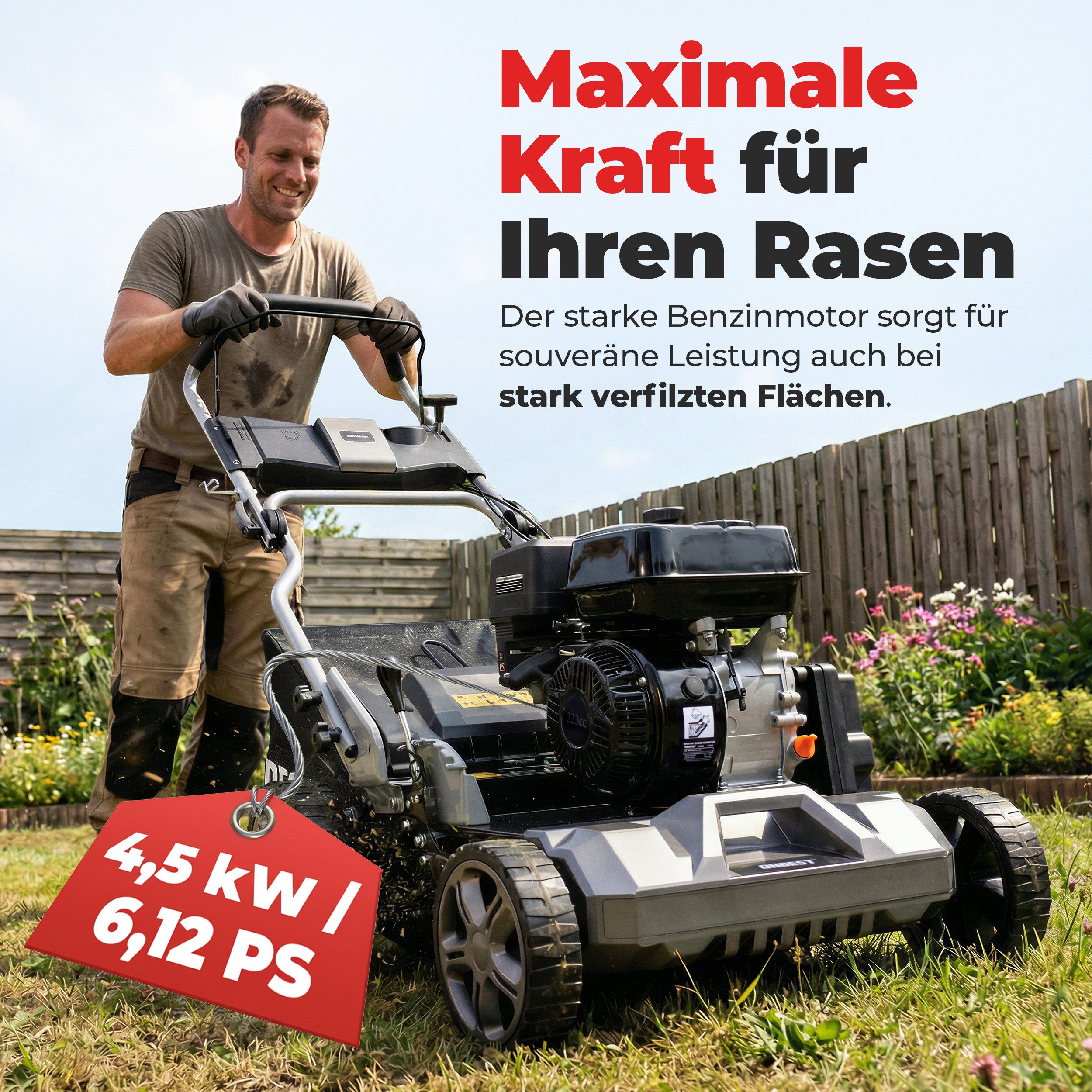 Onbest Benzin-Vertikutierer / Lüfter S4544, 2in1 4,5 kW / 6,12 PS 45L Fangkorb, 6-Stufen, 44 cm Arbeitsbreite, -15 bis +15 mm, 223 cm³