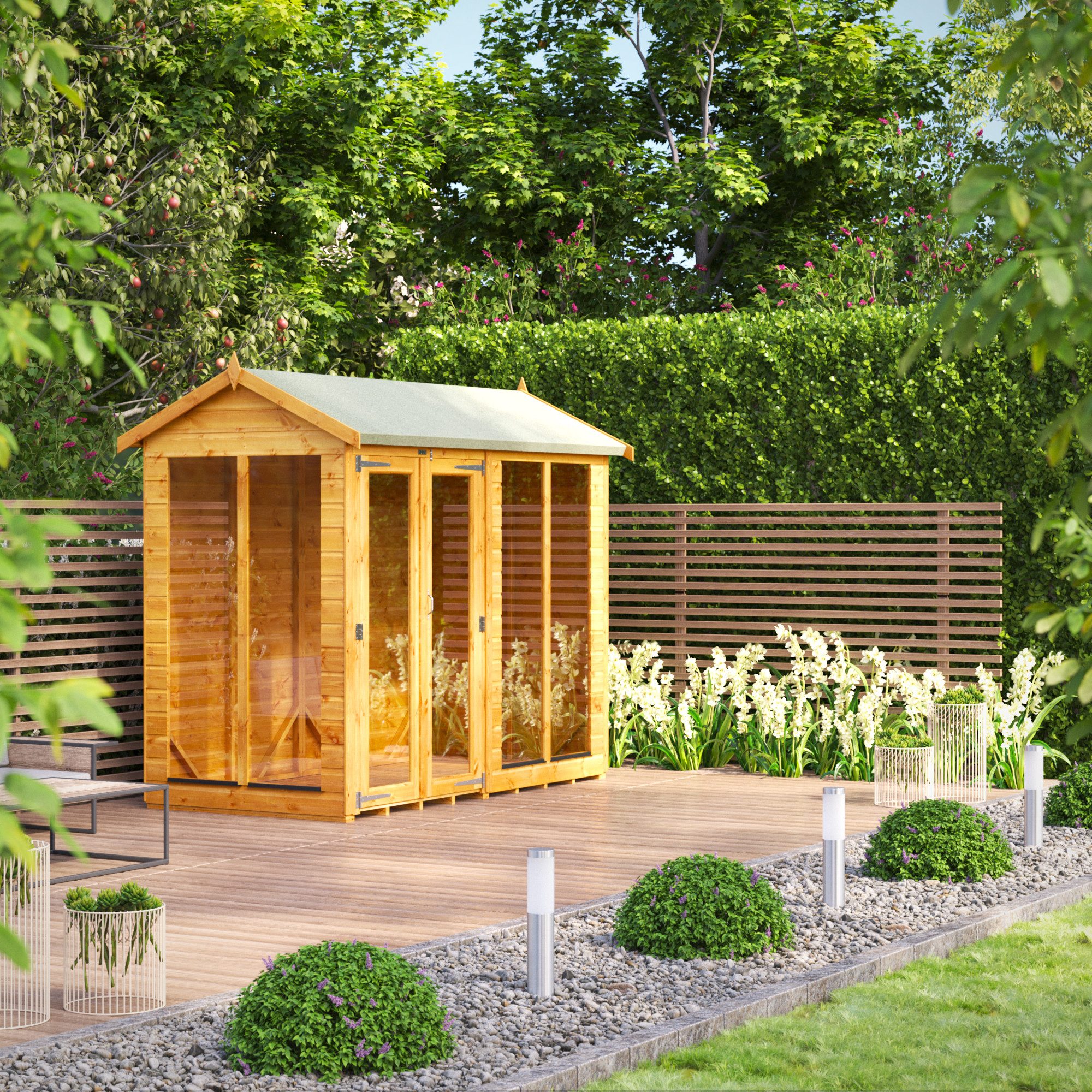 Powersheds Gartenhaus Sommerhäus mit Satteldach aus Nut- und Feder Vollholz, BxT: 300x120 cm, (Polyester-verstärkte Dachpappe, gehärtetes Glas, hochwertiges Holz), Hochwertiges Holz