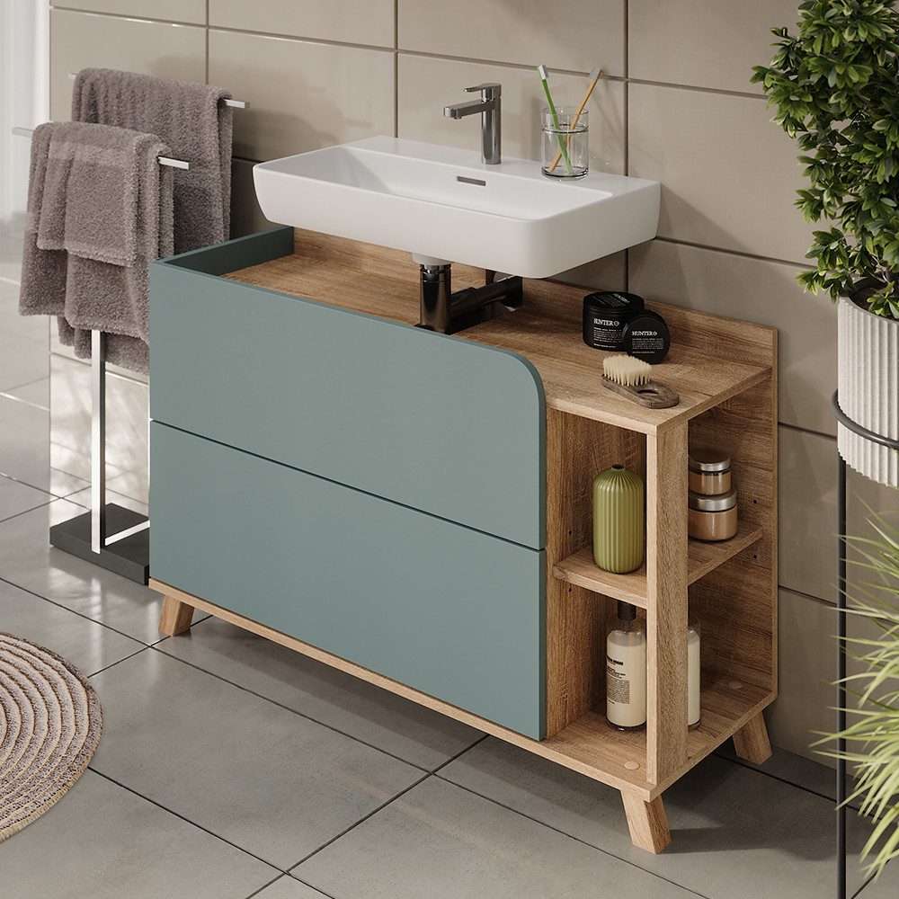 Vicco Waschbeckenunterschrank Karen, Sonoma/Blau, 100 x 65 cm mit 2 Schubladen (1-St) – Bild 3 von 5