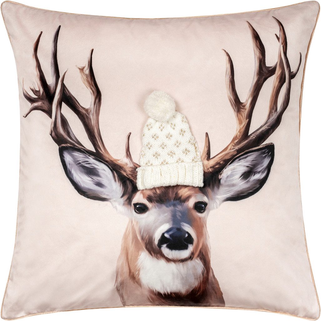 PAD Dekokissen REINDEER, Samtkissen mit Strickmütze und verspieltem Rentier-Design