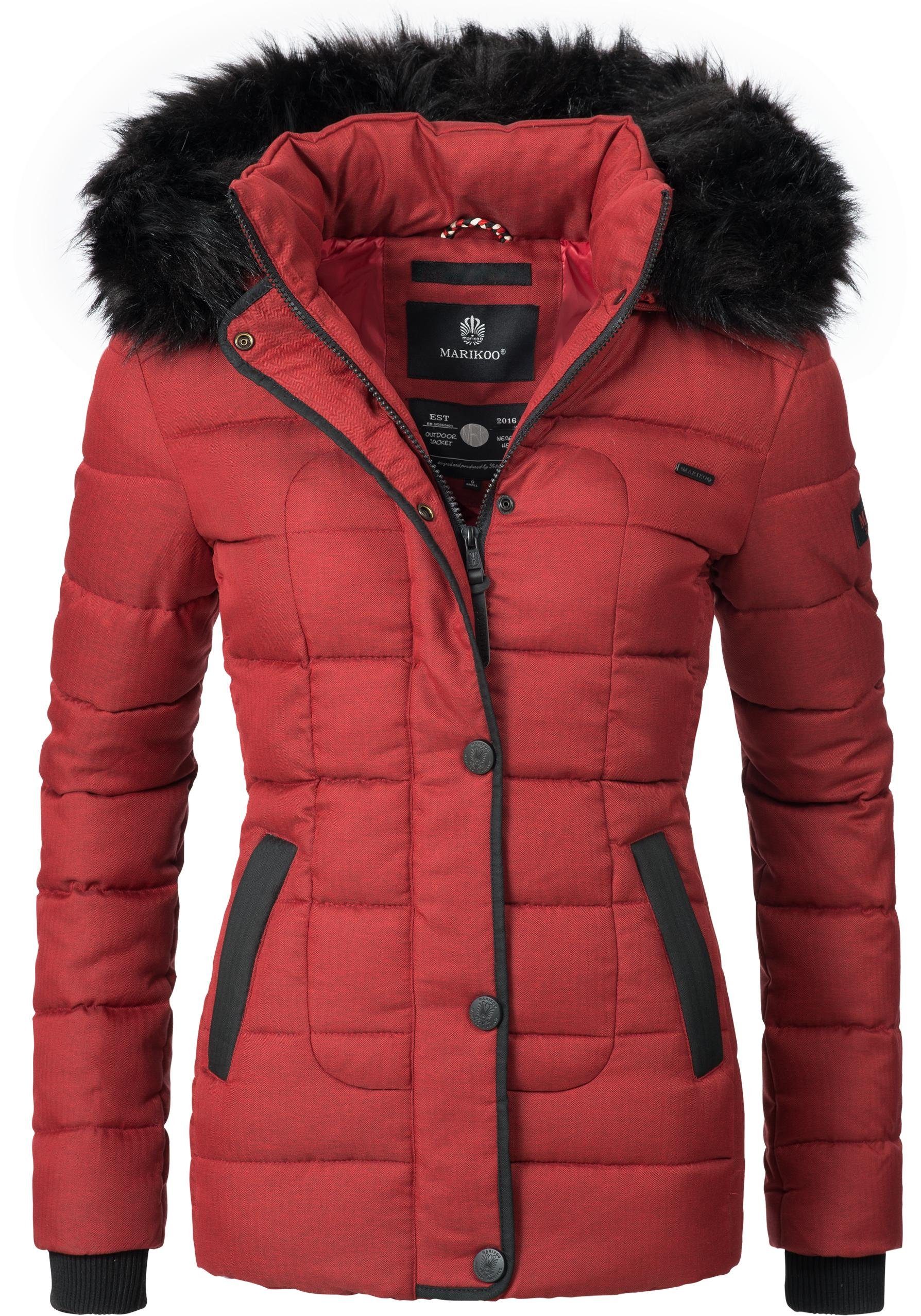 Marikoo Steppjacke Unique modische Winterjacke mit Kunstpelz-Kapuze rot