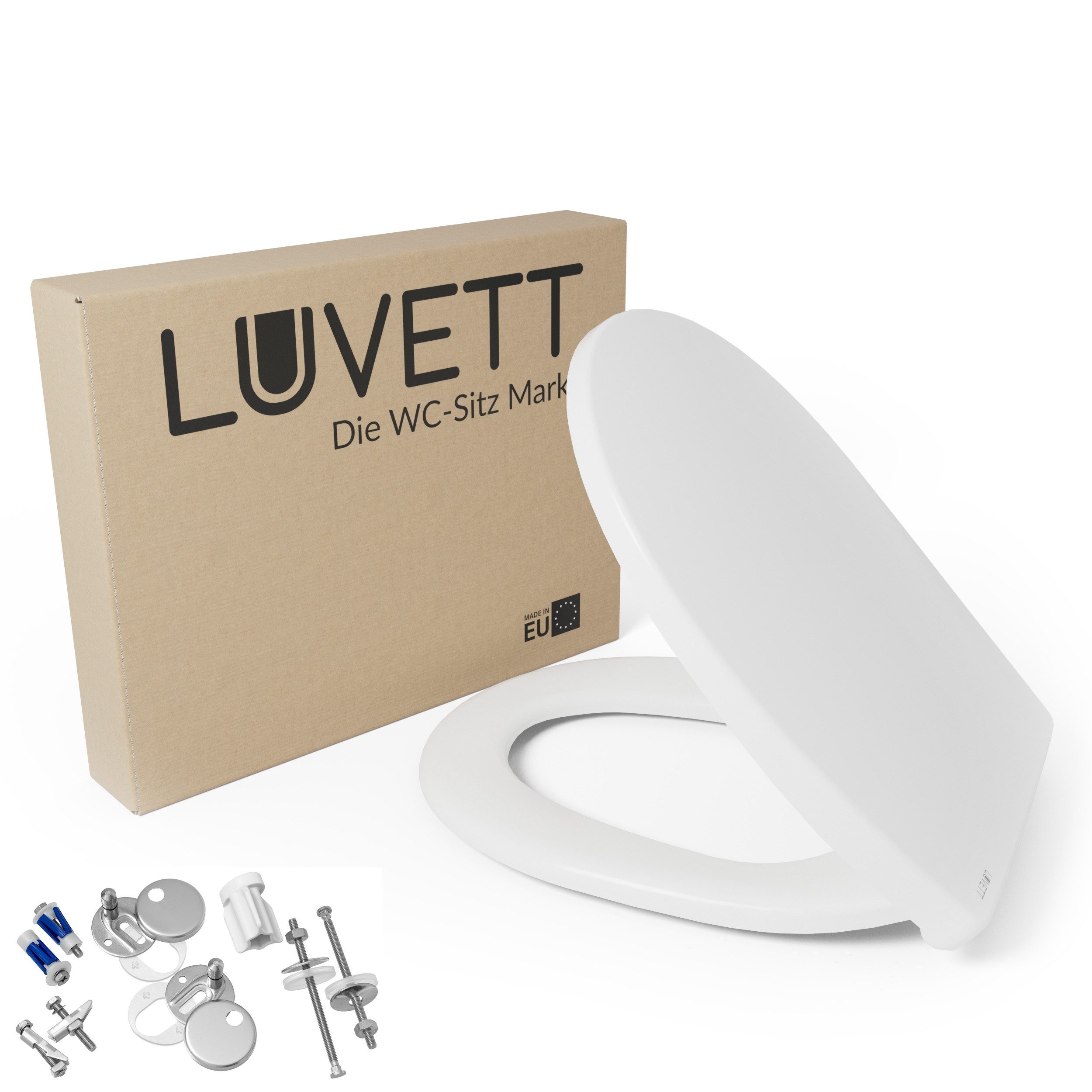 LUVETT WC-Sitz C100 mit Absenkautomatik, Duroplast sanitär, Universelle O-Form (Komplett-Set, Inklusive 3 Befestigungsarten), mit Original SoftClose® Absenkautomatik, Duroplast