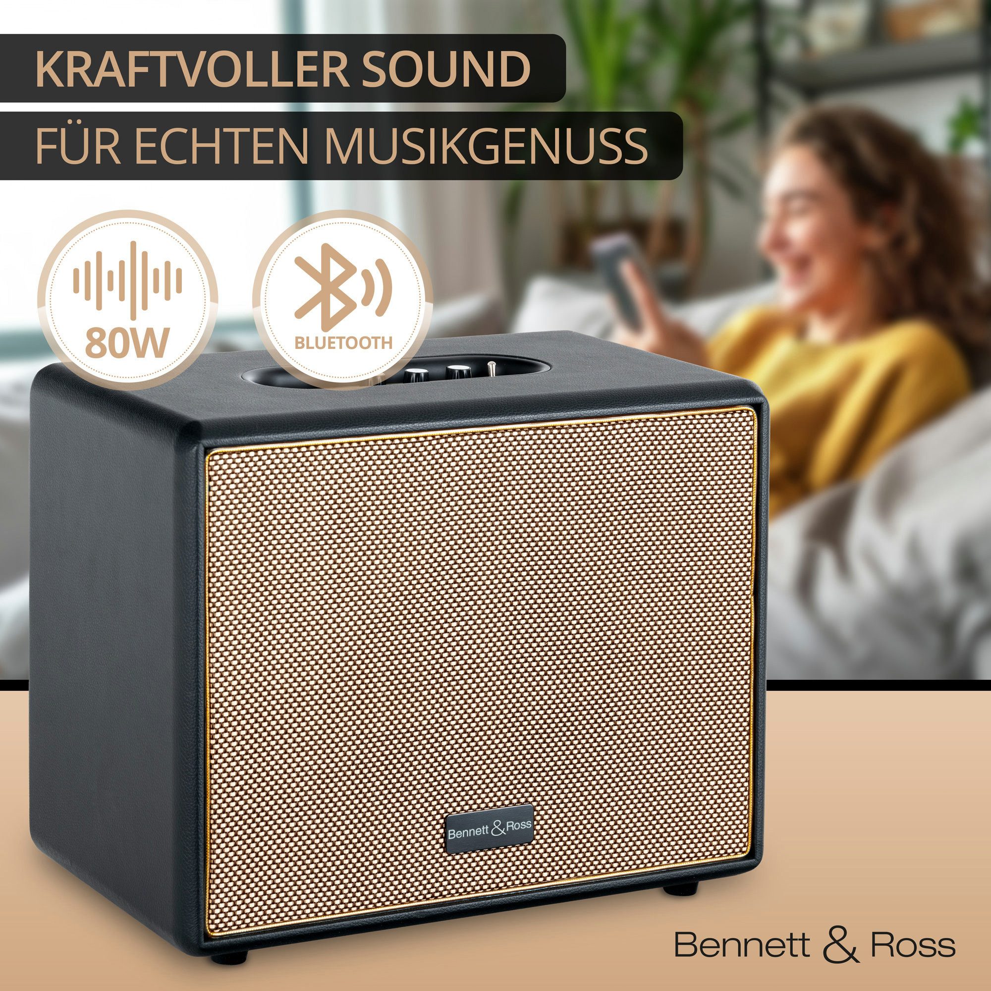Bennett & Ross BB-880 Blackmore Giant Bluetooth-Speaker (80 W, Retro Lautsprecher in Lederoptik mit TWS-Funktion)