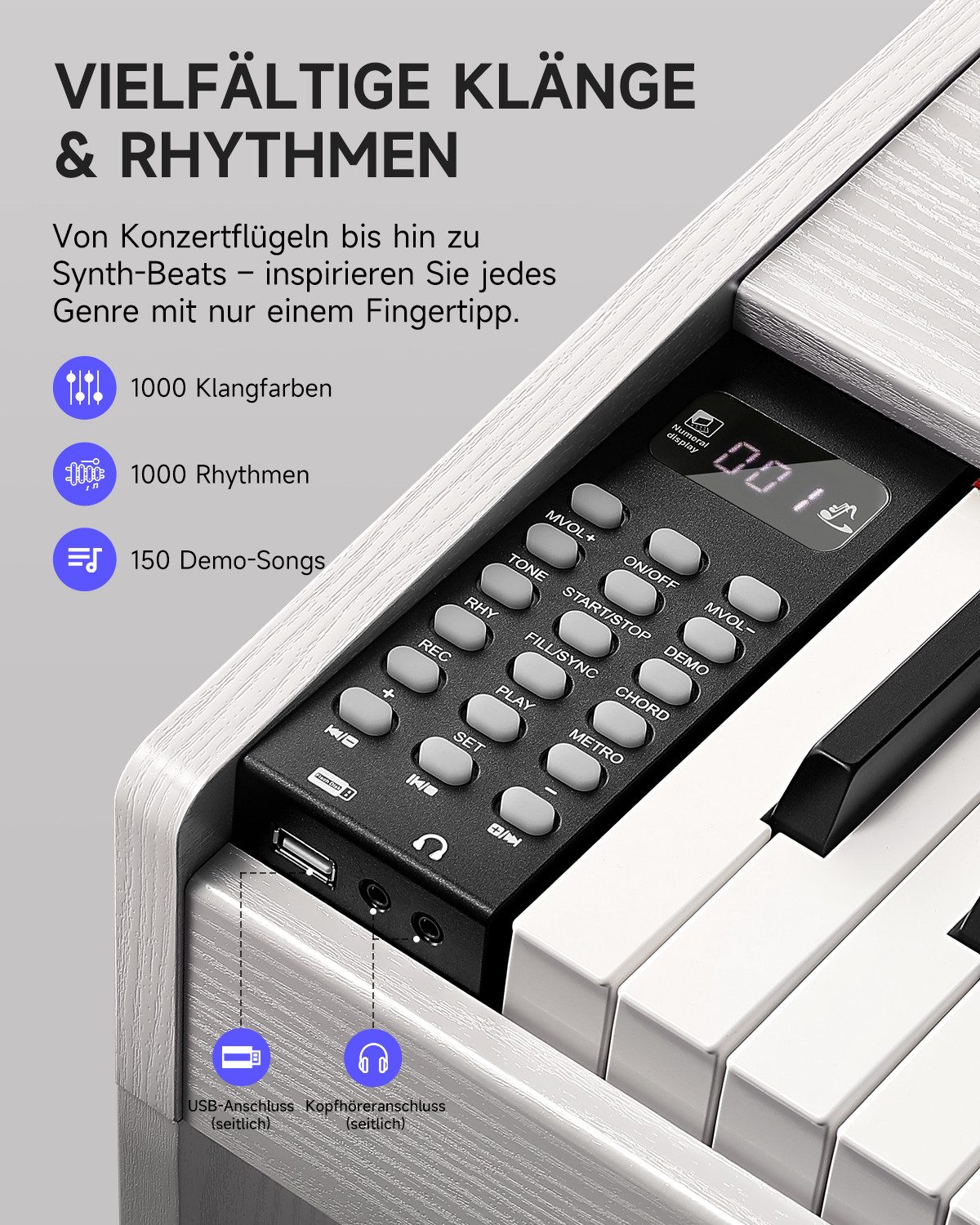 Donner Digitalpiano 88 Tasten gewichtete Tastatur 1000 Klangfarben Bluetooth DDP-50 LITE (Set, mit Notenständer, Dreifachpedal, Netzteil), Metronom, Aufnahme, Transponieren, Drahtloses /MIDI