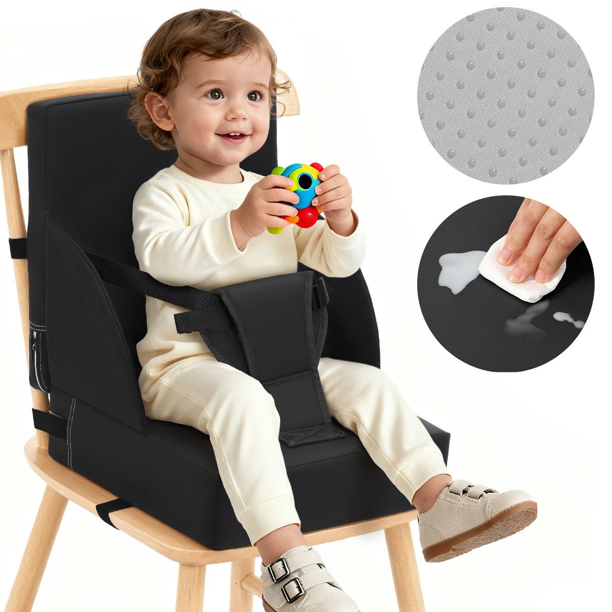 Insma Sitzkissen Kindersitzerhöhung Stuhlkissen Kunstleder 3-Punkt verstellbaren Gurten, wasserdicht, rutschfest, 34,5 × 34,5 × 9cm
