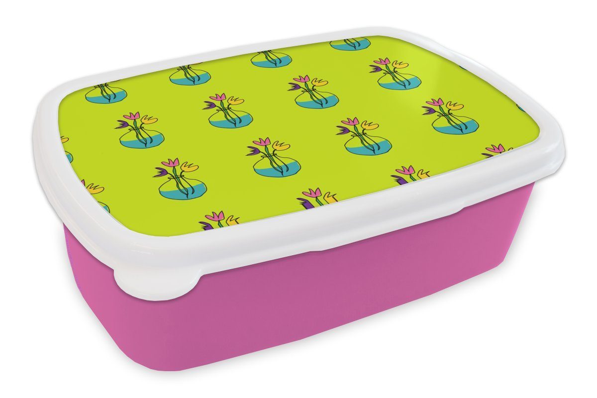 MuchoWow Lunchbox Blumen - Vasen - Muster, Kunststoff, (2-tlg), Brotbox für Erwachsene, Brotdose Kinder, Snackbox, Mädchen, Kunststoff rosa