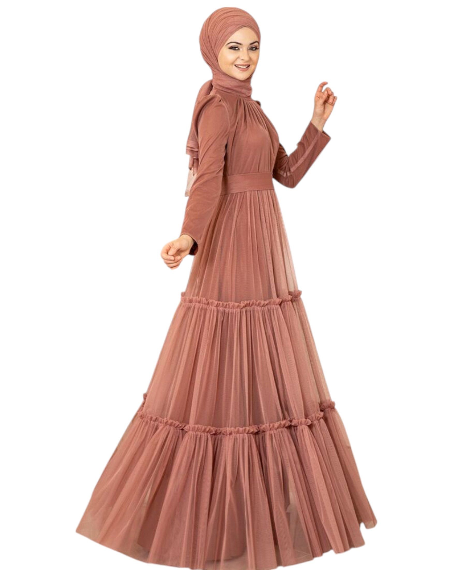 Modavitrini Abendkleid Tüllkleid mit Rüschenrock Hijab Kleid Abiye Abaya Maxikleid Mehrlagiger Tüllrock, eleganter Maxischnitt, blickdichtes Unterkleid