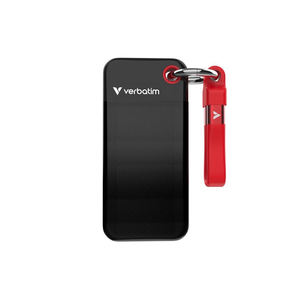 Verbatim Pocket SSD mit Schlüsselring und Kabelbefestigung externe SSD (1TB), Schwarz/Rot