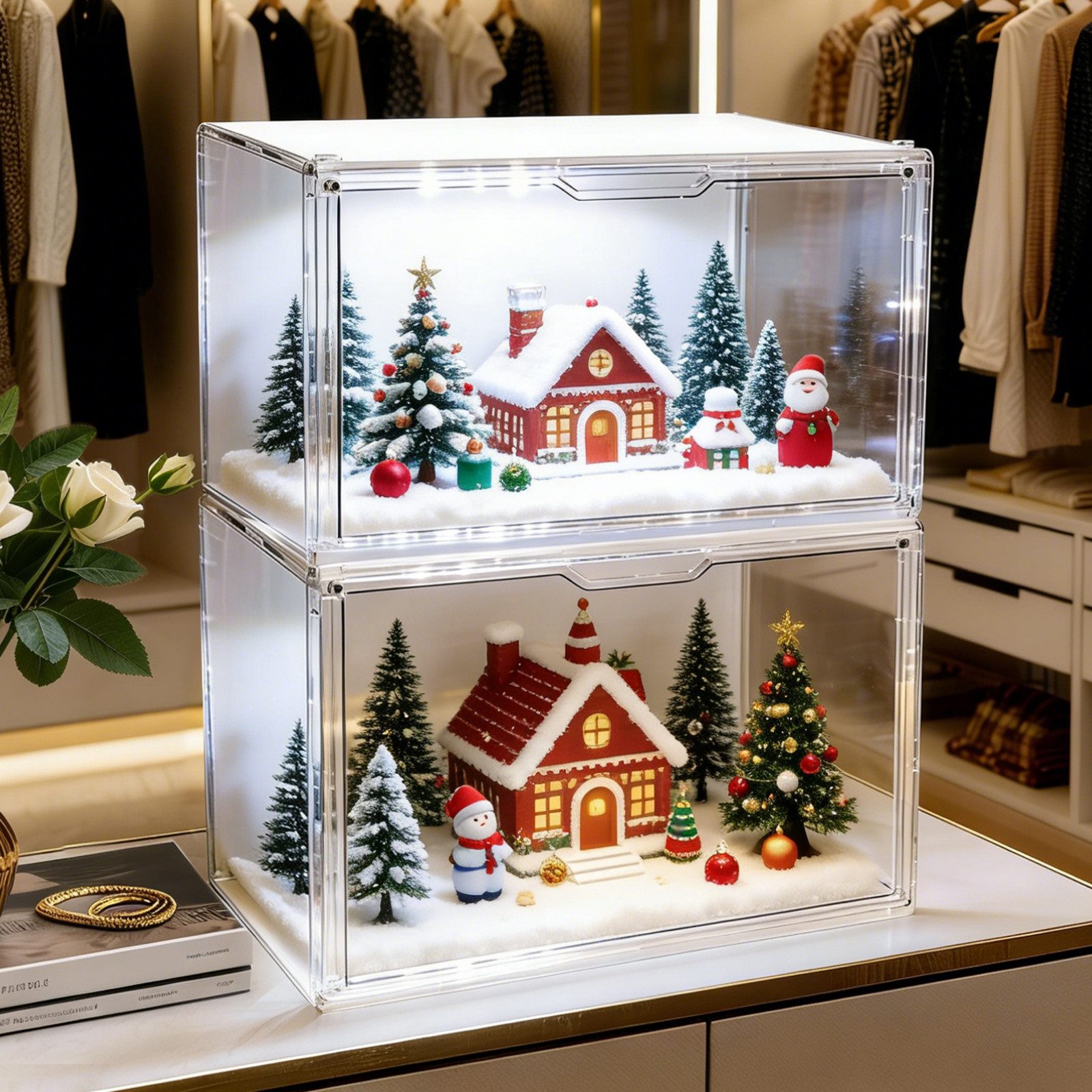 XERSEK Vitrine Acryl Displaybox mit LED, Magnettür, Transparent Organizer 36×22 ×27cm (2 Set] Staubdicht, Stapelfähig, Horizontal oder Vertical Platzierbar) Acryl-Vitrine für Figuren, Handtaschen, Spielzeug, Handwerk, Bücher