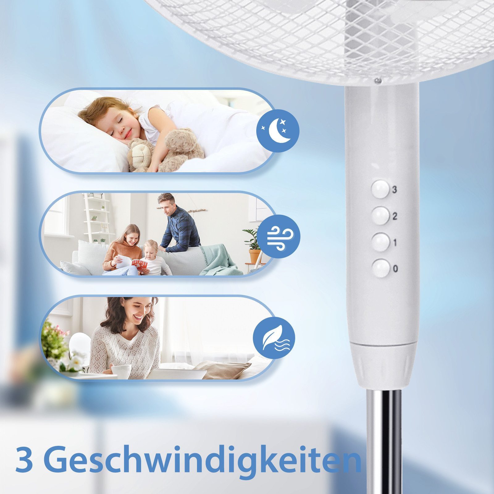 Aigostar Standventilator Leise Ventilator, Oszillation, 3 Geschwindigkeiten, Höhenverstellbar, 40cm Ventilator, Höhen- und Winkelverstellbar, 3 Geschwindigkeiten