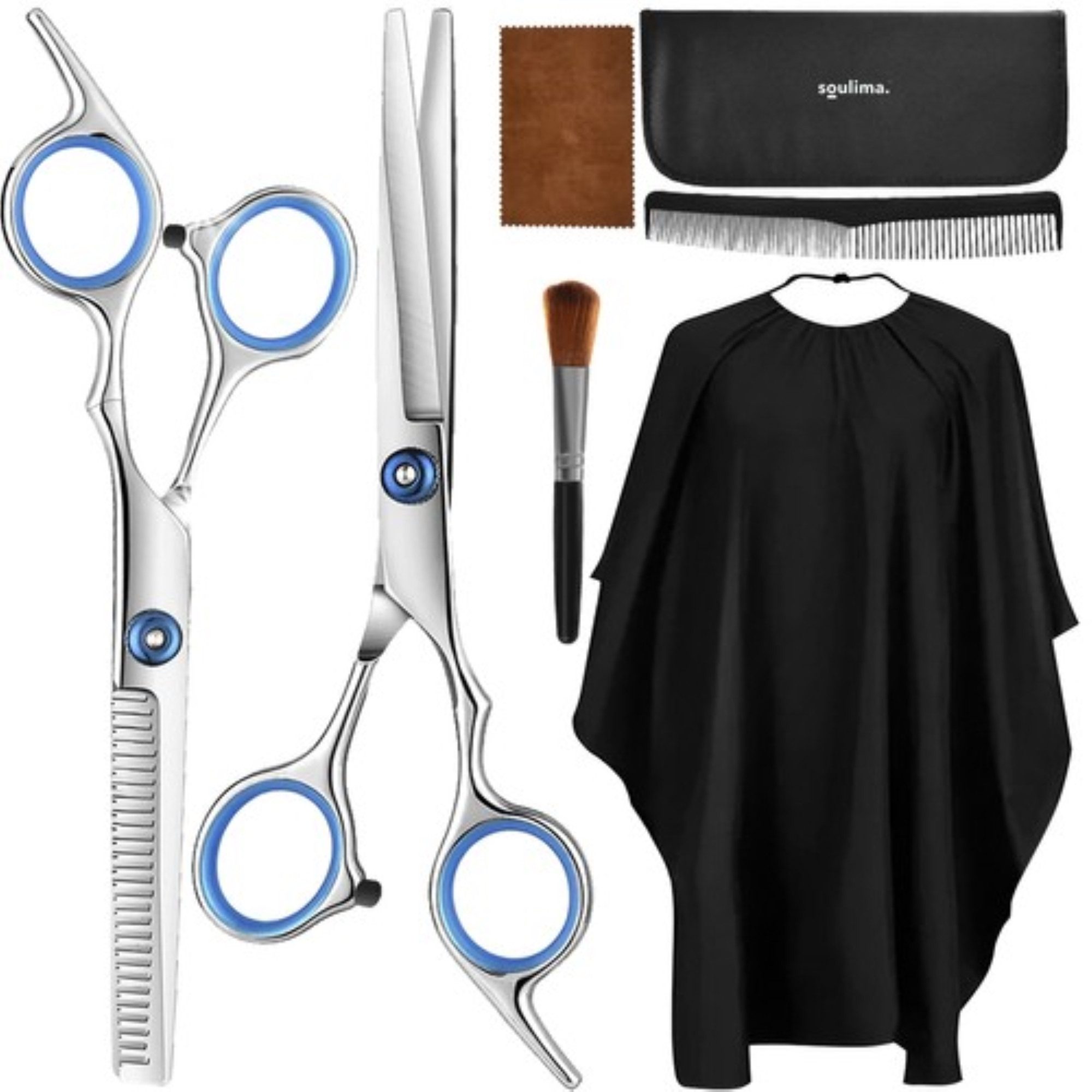 soulima Haarschere Profi- Friseur Haar-Set: Scheren, Kamm, Bürste, Umhang & Etui., (Profisonelles Friseur Scheren Set mit Umhang und Pinsel, 7-tlg., Set-Typ: Haar-Set für professionelles Schneiden und Styling), Zwei Scheren für präzises Schneiden und Effilieren