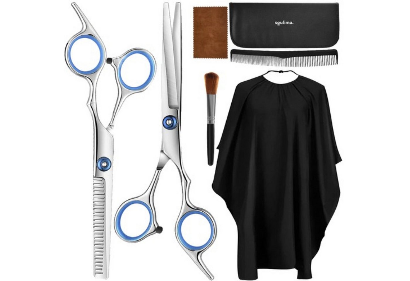 soulima Haarschere Profi- Friseur Haar-Set: Scheren, Kamm, Bürste, Umhang & Etui., (Profisonelles Friseur Scheren Set mit Umhang und Pinsel, 7-tlg., Set-Typ: Haar-Set für professionelles Schneiden und Styling), Zwei Scheren für präzises Schneiden und Effi