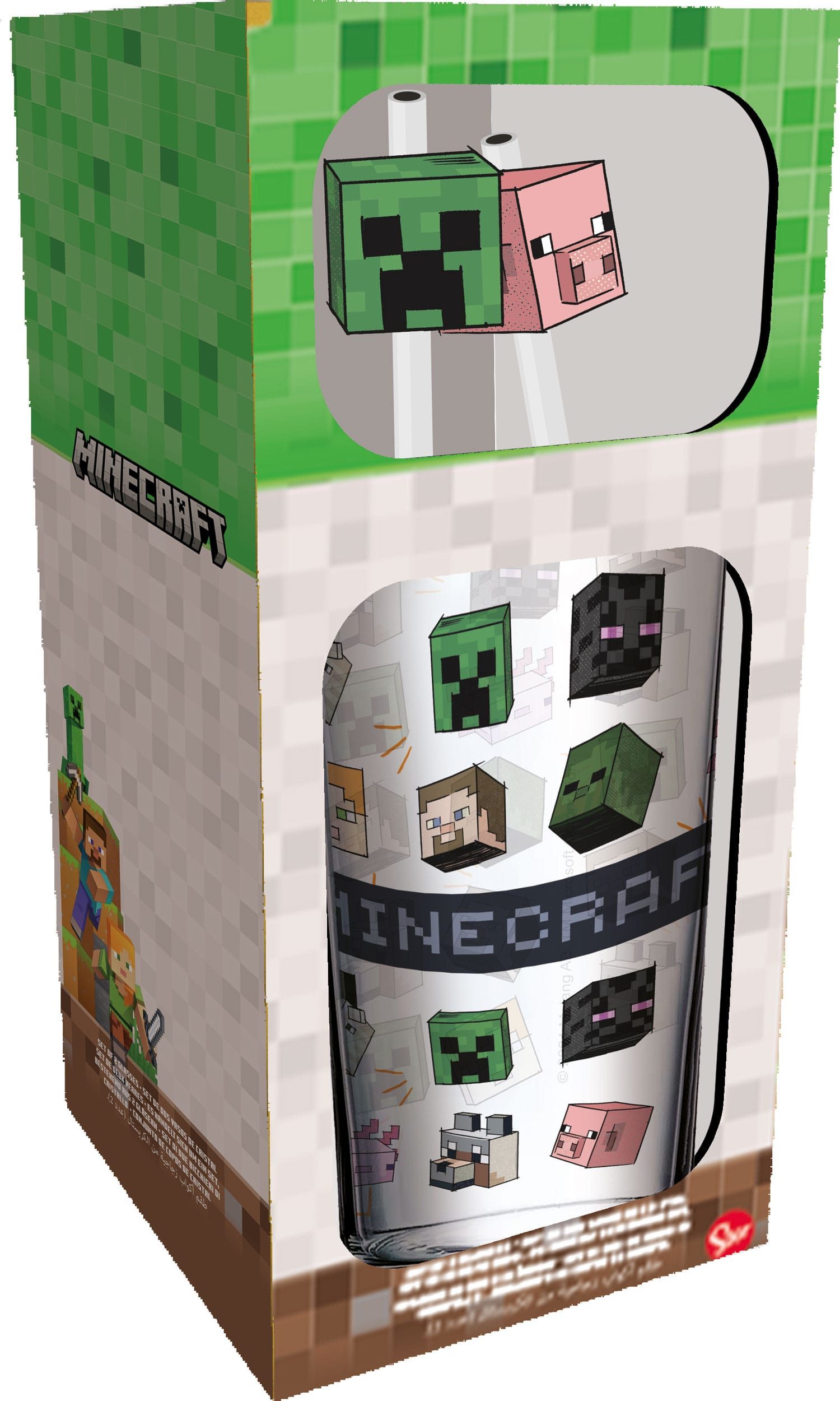 Stor Glas Minecraft Glas Tumbler mit Trinkhalmen Characters 485 ml, 1-tlg., Glas Tumbler mit Metallstrohhalmen