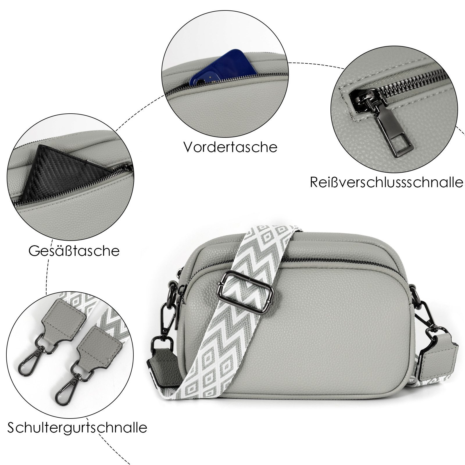 TAN.TOMI Umhängetasche Damen Handy Umhängetasche Kunstleder Crossbody Bag Damen (mit 3 fächern Handtasche mit Verstellbar Abnehmbar Schultergurt), Handytasche zum Umhängen, Moderne Handtasche Damen