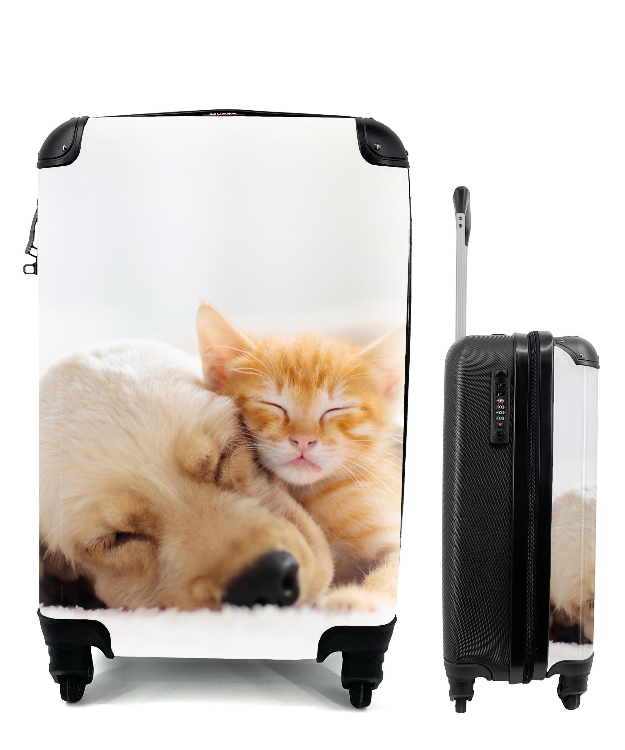 MuchoWow Handgepäckkoffer Tiere - Hund mit - Kätzchen 4 Reisetasche rollen, Reisekoffer Rollen, - für Rot, Trolley, Ferien, Handgepäck