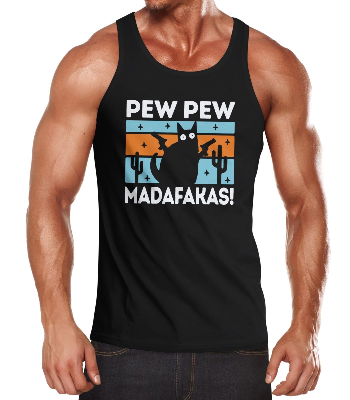 Tanktop Herren Tanktop Pew Pew Madafakas Katze Cat crazy verrückt lustig Muscle Shirt Achselshirt Moonworks®