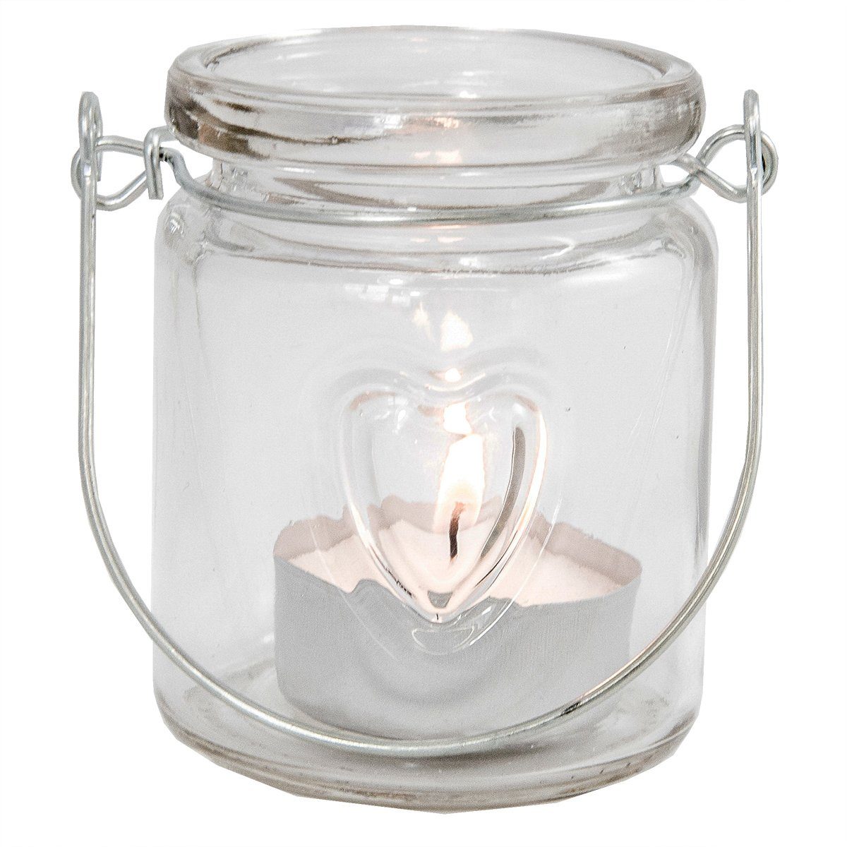 Annastore Windlicht 12 x Windlichter aus Glas mit Herz und Henkel klar (H 8 cm, Ø 6 cm, Hängeteelichhalter), kleine Teelichtgläser zum Hängen und Stellen, Teelichthalter