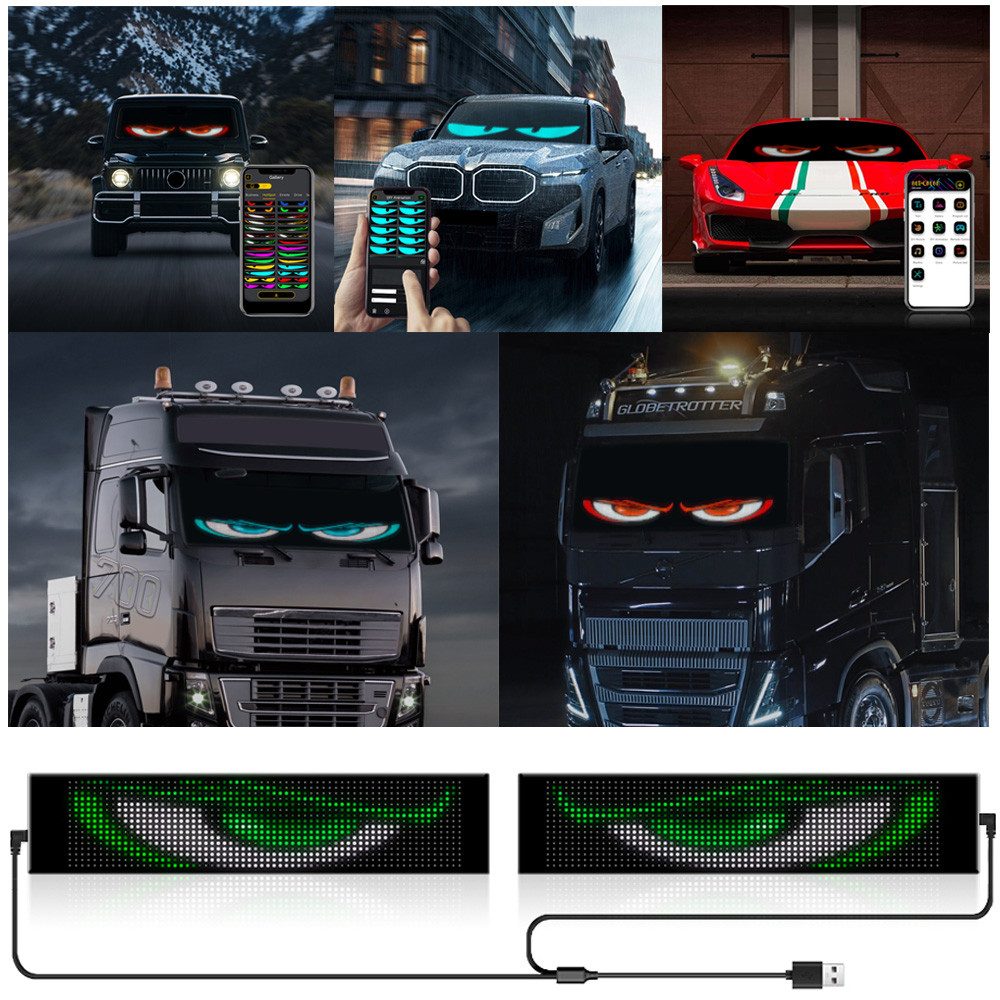 QUBEBU Dekolicht LED-Bildschirm Auto-Augenlicht Lkw dynamisches Licht, Devil Eyes Licht, LED fest integriert, mit APP-Steuerung und Fernbedienung Bluetooth USB 5V, Flexibler LED Anzeigetafel Programmierbar Laufschrift Leuchtreklame