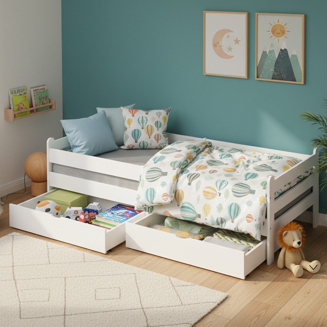 Bellabino Kinderbett Kuru 90x200 cm (weiß, integriertes Lattenrost und Rausfallschutz), mit zwei Schubladen