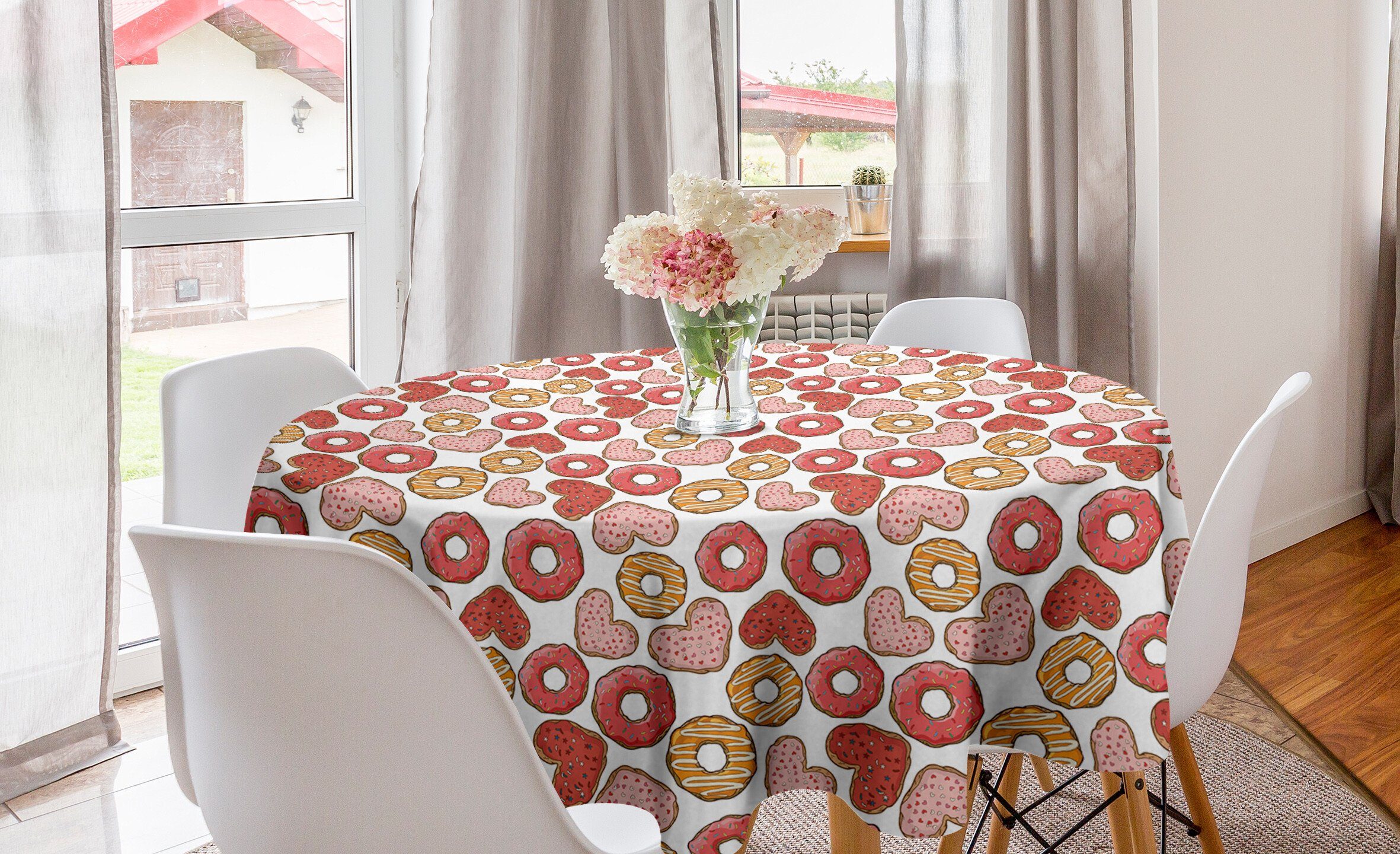 Abakuhaus Tischdecke Kreis Tischdecke Abdeckung für Esszimmer Küche Dekoration, Dessert Gefülltes Herz Donuts
