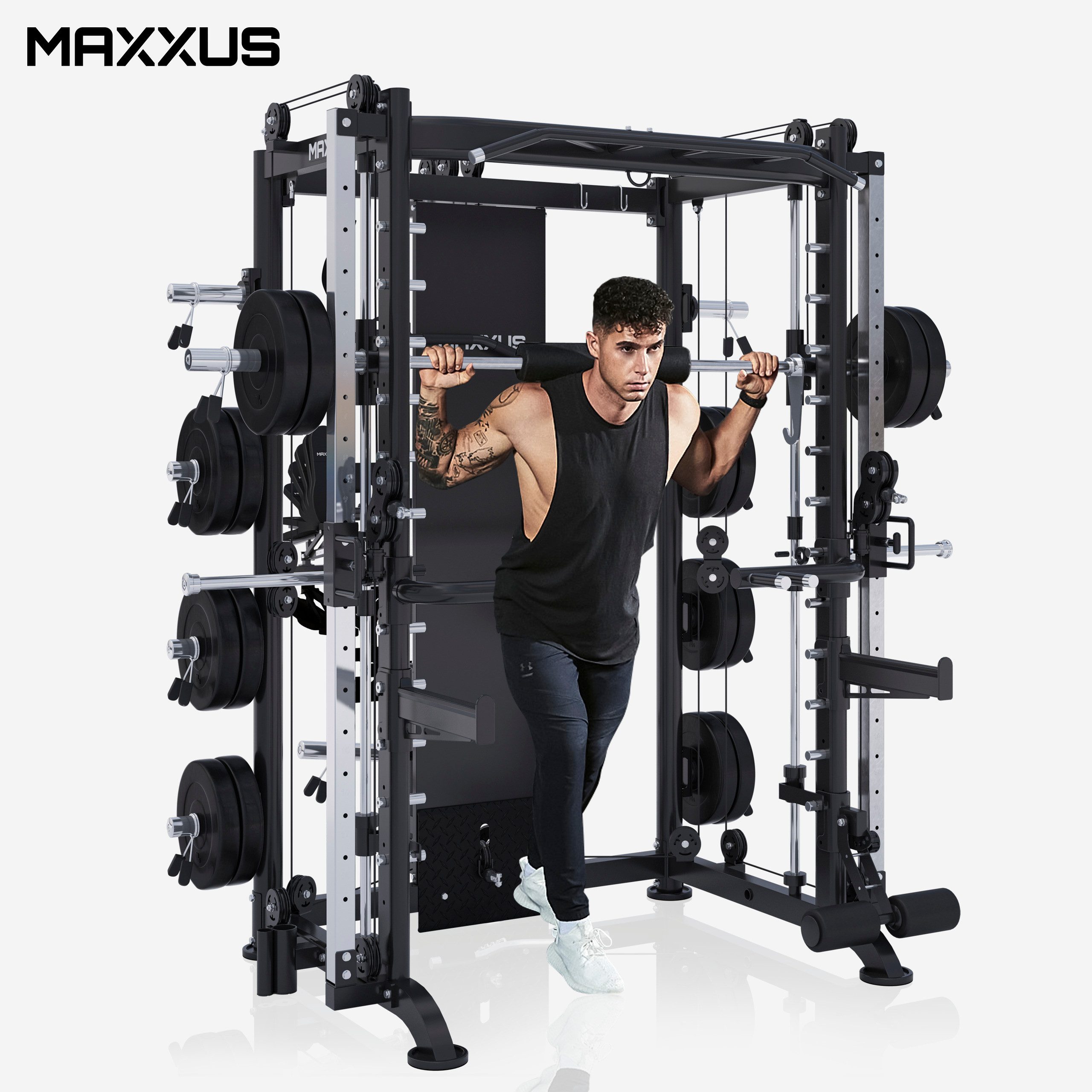 MAXXUS Multipresse 10.1 Kraftstation, Power Rack, Smith Machine, Multistation, Power Cage, (1-tlg), mit Hantelbank, Klimmzug, bis 300 kg, Dip-Station, Kabelzug, Latzug