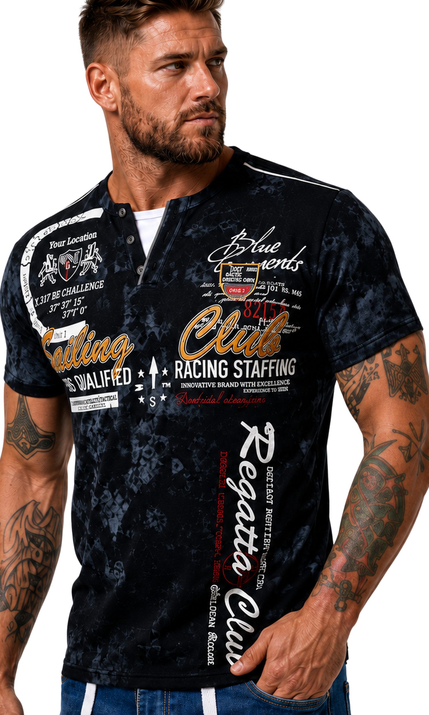 L.gonline Kurzarmshirt Herren T-Shirt, Sommershirt, Batik Optik, 2879 Schwarz S (Shirt Kurzarmshirt Tee, 1-tlg) Fitness Freizeit Casual