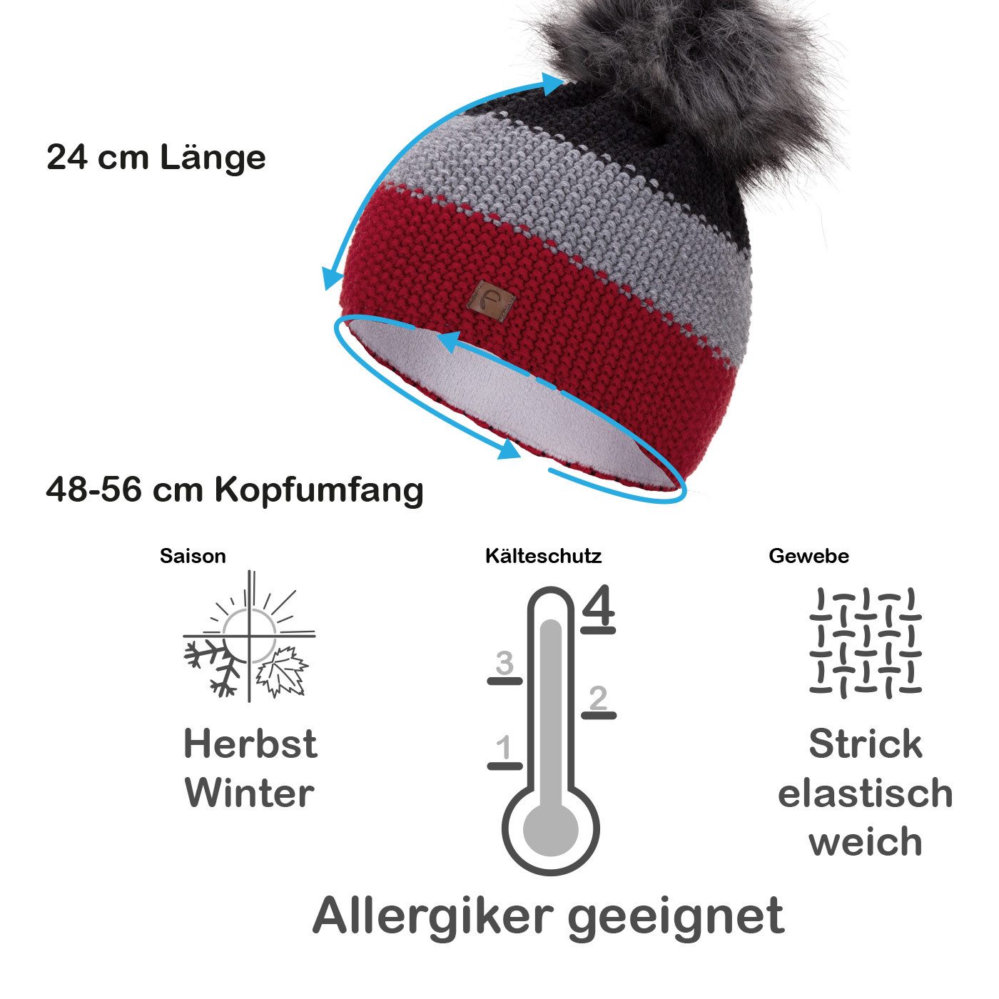 Faera Bommelmütze Wintermütze Damen Herren Mütze Beanie Haube gefüttert Bommelmütze