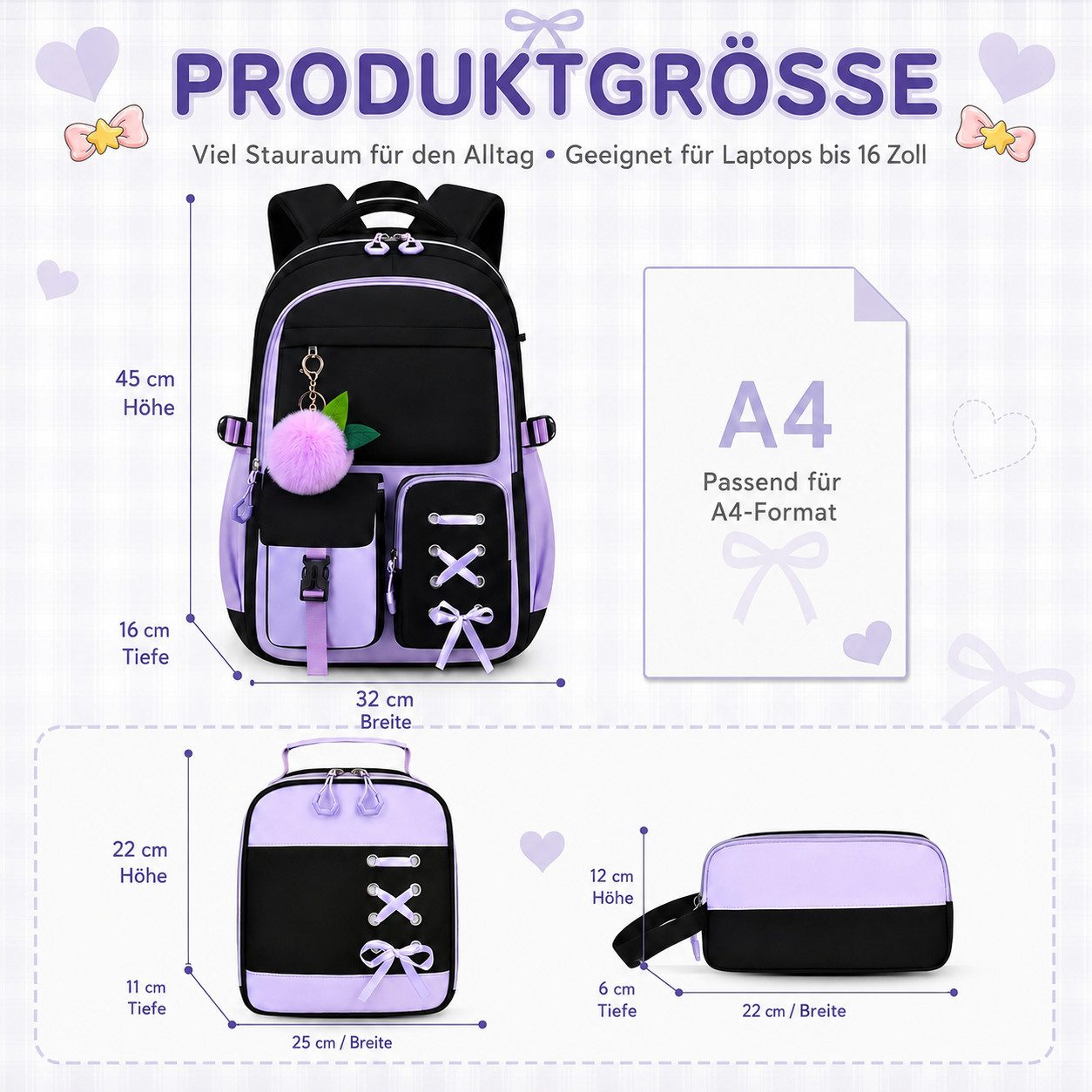 MOPUEA Schulrucksack Schulrucksack Set 3tlg Schulrucksack mit Lunchpaket und Mäppchen (Set, 3-tlg., Leicht Schulrucksack Teenager für Schule, Reisen und Freizei – Bild 2 von 5