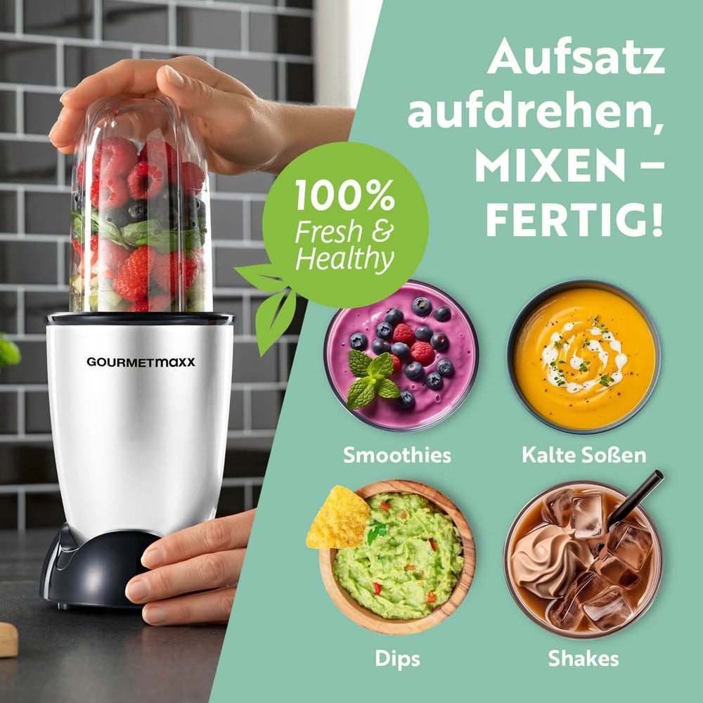 GOURMETmaxx Standmixer Mr. Magic 4-tlg. 400W silber/schwarz, 400 W, Elektrischer Mini-Mixer 500ml pürieren Smoothies Shakes Cocktails – Bild 5 von 5
