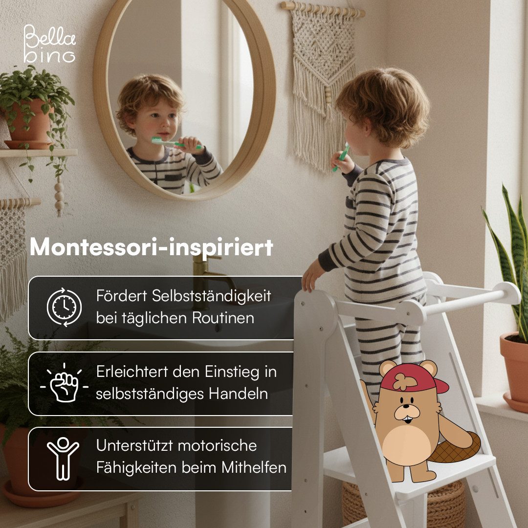 Bellabino Stehhilfe Tay 2-Fach höhenverstellbar & klappbar (Weiß), Lernturm aus Birkenholz, Montessori Tritthocker