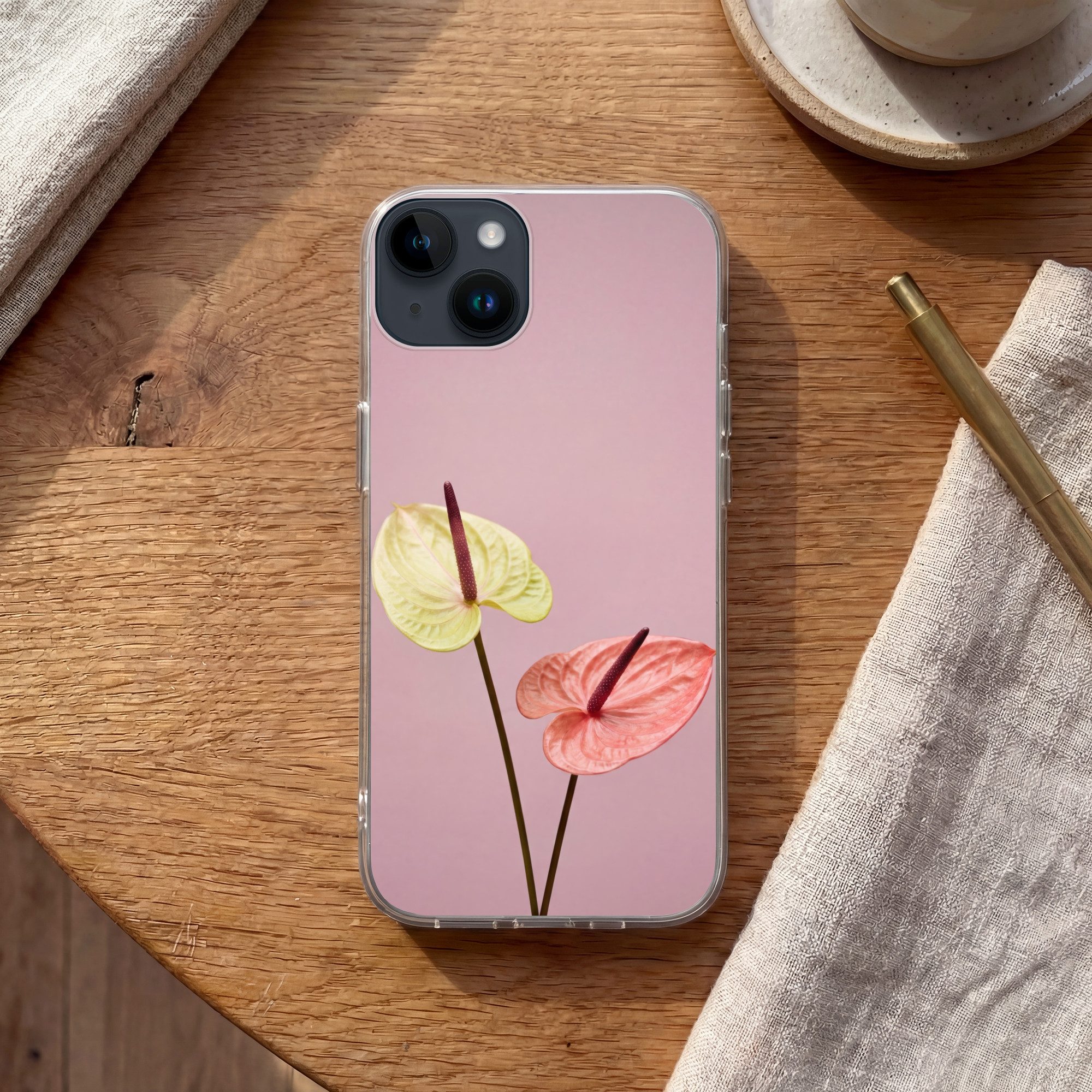 MuchoWow Handyhülle für Apple iPhone 14 Blumen - Anthurien - Gelb - Rosa, Smartphone-Bumper, Print, Handy Schutzhülle Dünn