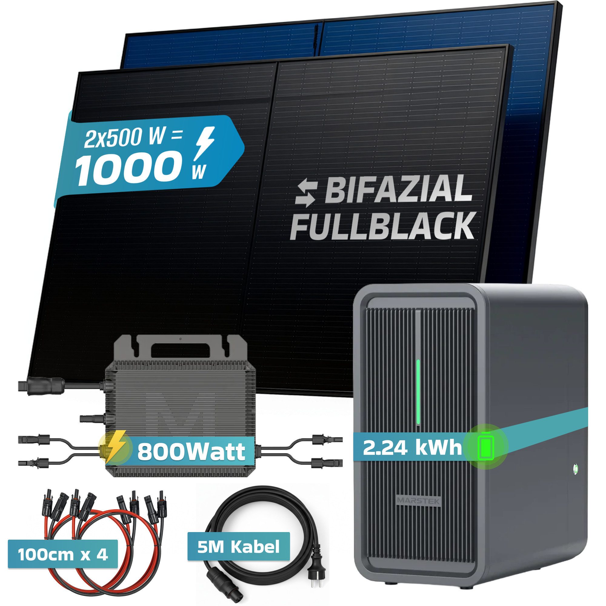 SUNNIVA Balkonkraftwerk 1000W mit 2,24 kWh Speicher MARSTEK B2500-D, (BIFAZIAL FULLBLACK komplett Steckdose, PV Solaranlage Komplettset mit Solarspeicher, 2x 500W N-Type Glas-Bifacial Module)