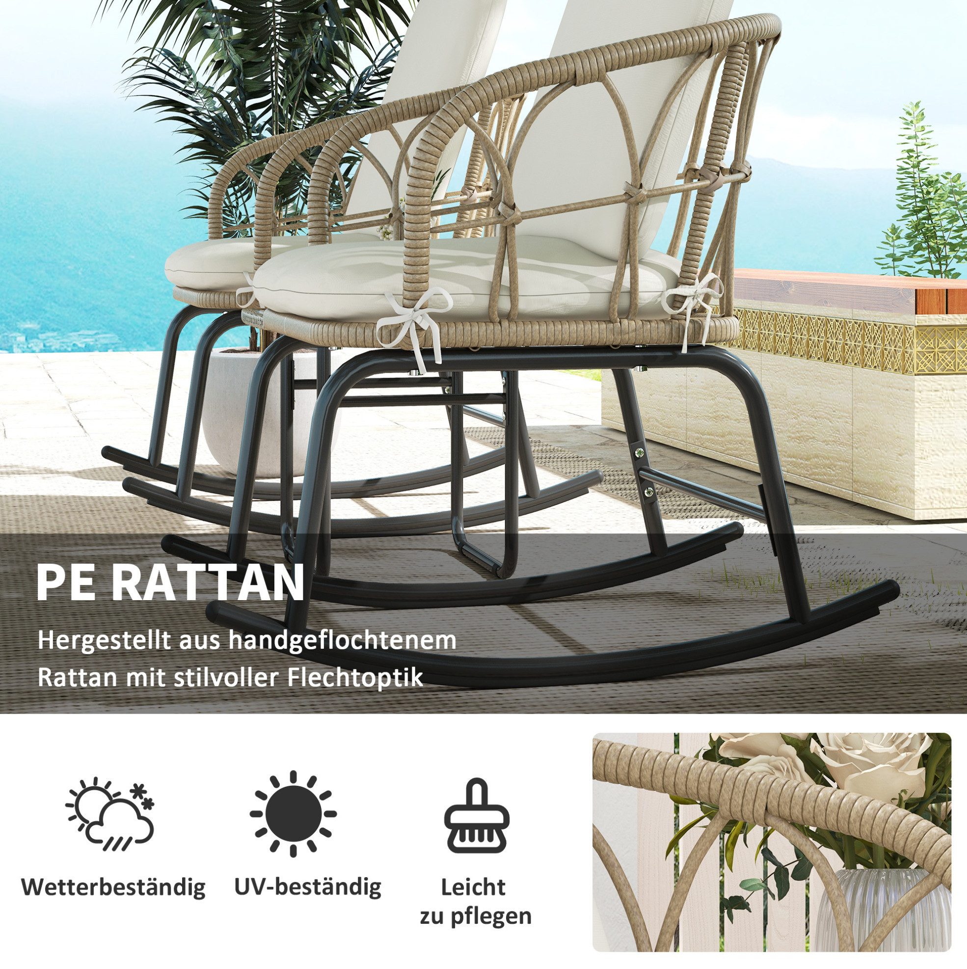 OKWISH Sitzgruppe 3‑tlg. Rattan-Schaukelstuhl-Set mit 2 Schaukelstühlen & 1 Couchtischt, (Set, 3-tlg., Sanft schwingende Garnitur für entspannte Nachmittage im Freien), 63x82x75 cm mit Kissen für Terrasse, Balkon & Garten