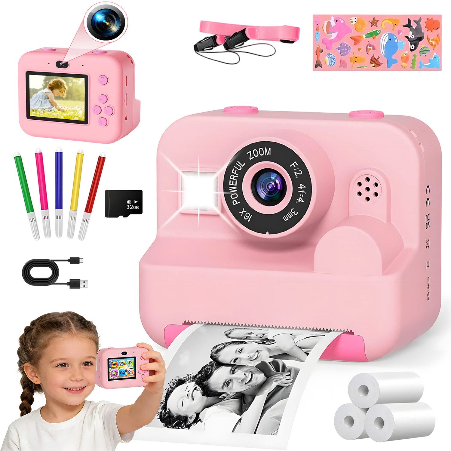 AKKEE Kinderkamera, 1080P Selfie Digitalkamera Kinder, Sofortbildkamera (12 MP, 32-GB-SD-Karte)