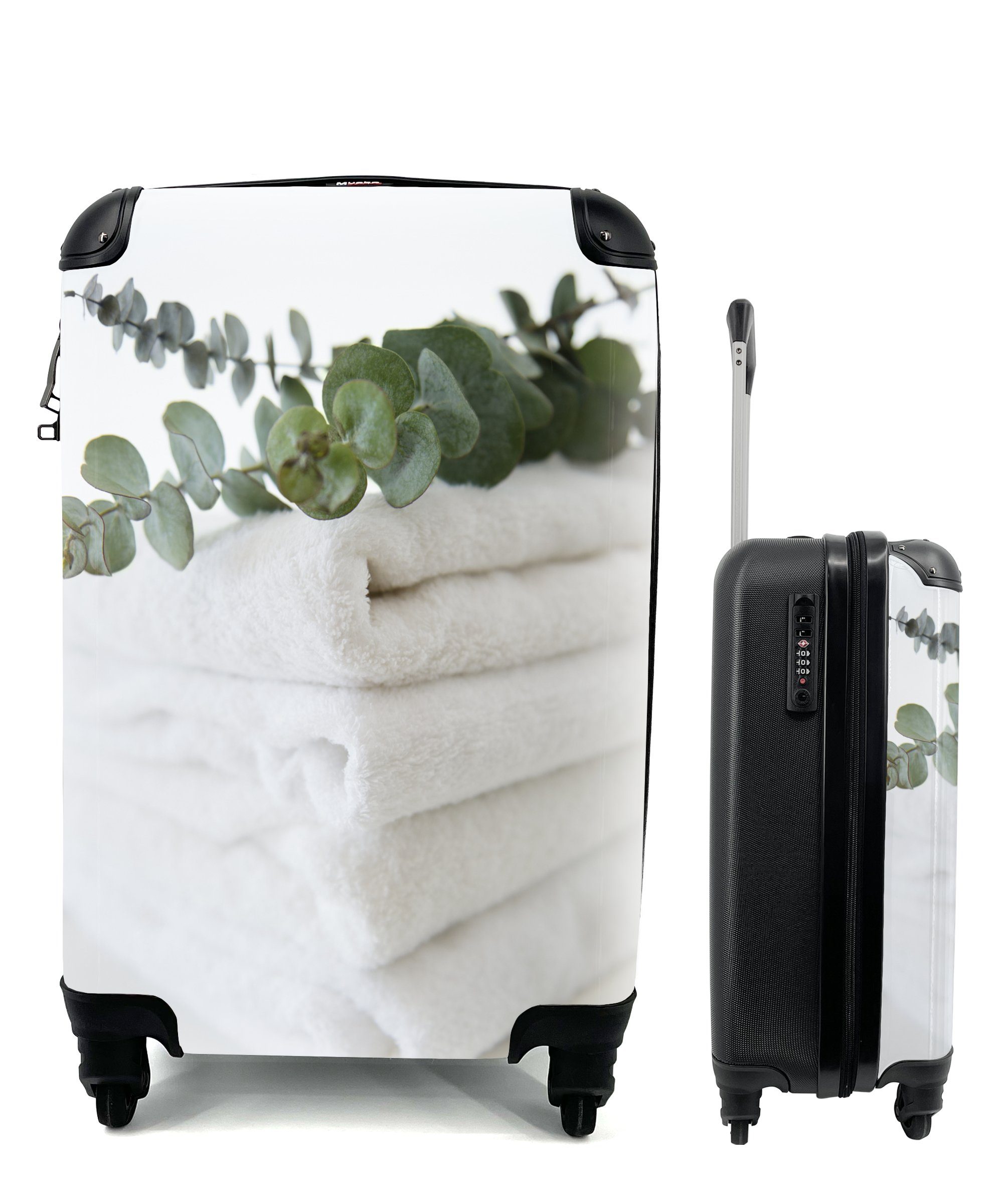 MuchoWow Handgepäckkoffer Eukalyptusblätter auf weißen Handtüchern, 4 Rollen, Reisetasche mit rollen, Handgepäck für Ferien, Trolley, Reisekoffer