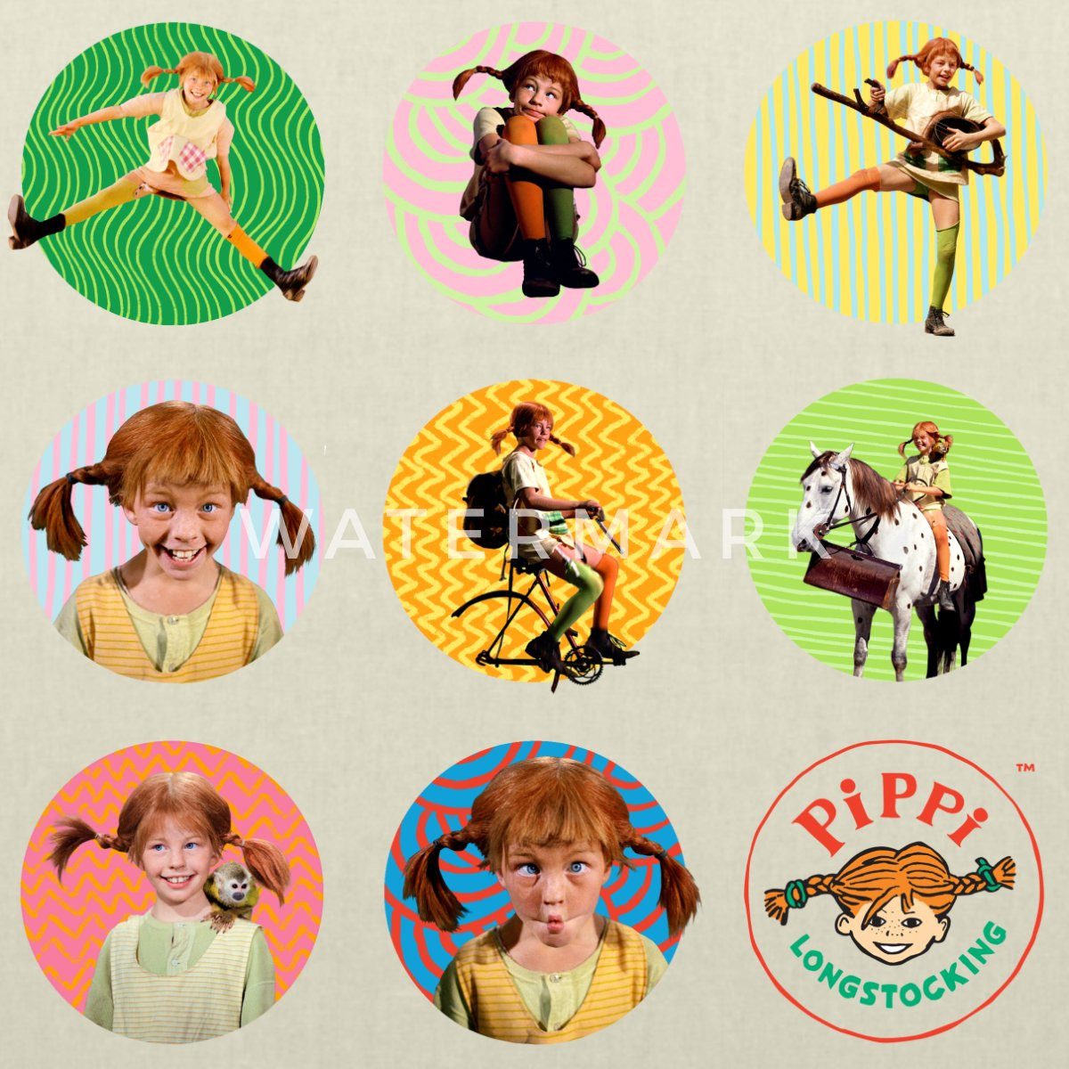 Spreadshirt Henkeltasche Pippi Langstrumpf Bilder Von Pippi In Kreisen Stoffbeutel (1-tlg)