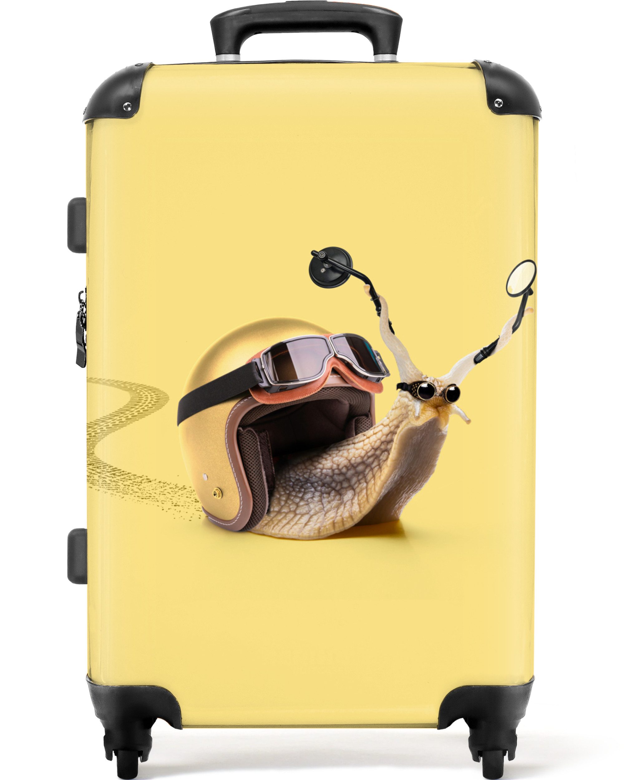 NoBoringSuitcases.com© Hartschalen-Trolley mit leuchtende Räder - Schnecke - Helm - Rennsport - Kinder 67 cm - 72, 4 Rollen, Reisekoffer mit Rollen Mittelgroßer für 20kg, Jungenkoffer