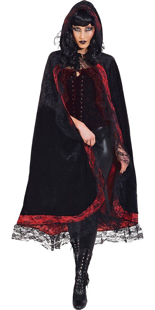 Umhang Gothic Umhang Damen mit Kapuze schwarz rot Spitze