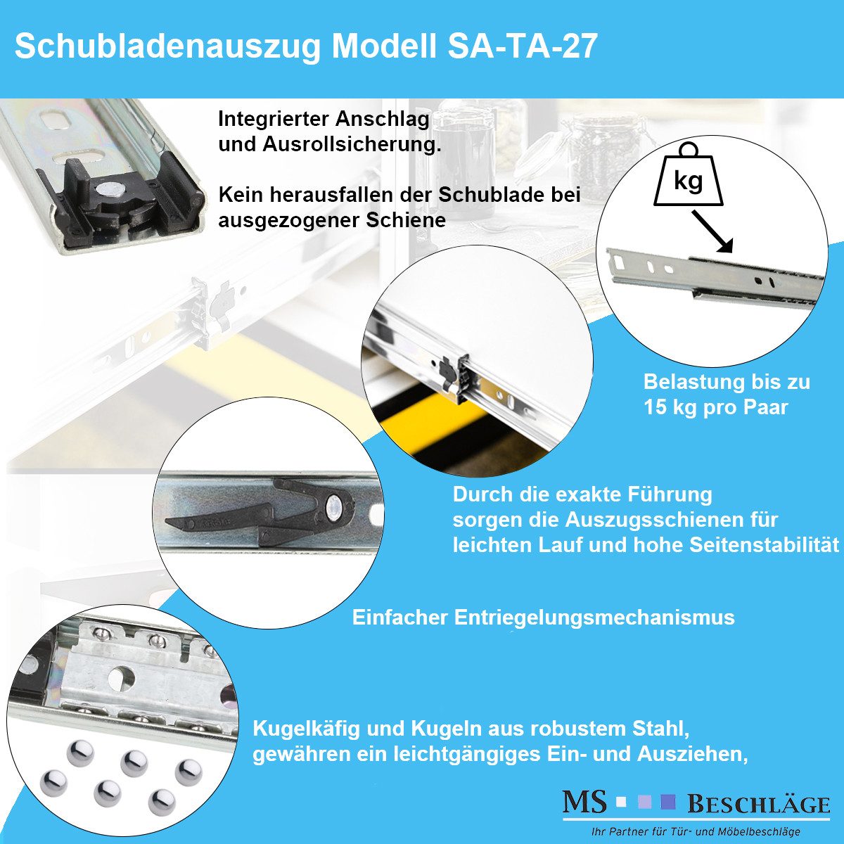 MS Beschläge Teleskopauszug 27mm Schubladenauszug Auszugsschiene Kugelauszug, Auszugsanschlag, Entriegelungsfunktion, Kugelkäfigführung, 27mm Höhe