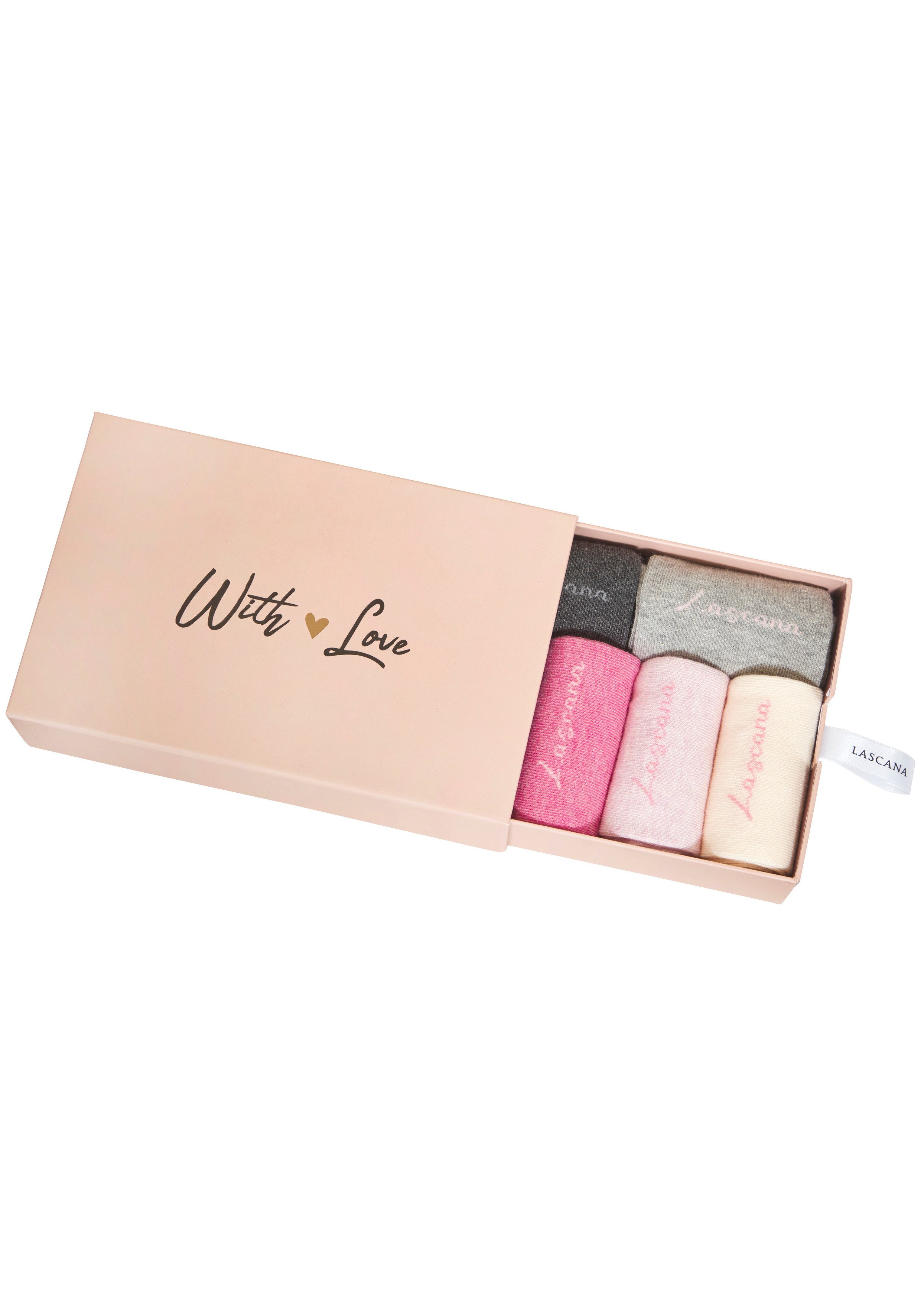 LASCANA Basicsocken für Damen mit eingestricktem Markenlogo (Box, 7-Paar) in ansprechender Geschenkbox