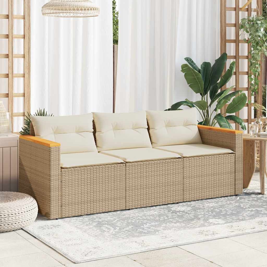vidaXL Loungesofa Gartensofa mit Kissen 3-Sitzer Beige Poly Rattan, 1 Teile