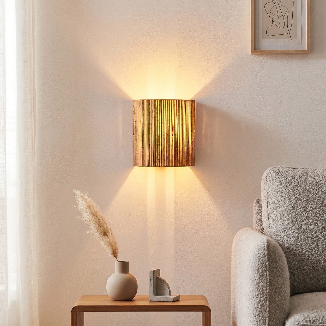 hofstein Wandleuchte moderne Wandlampe aus Metall/Seegras in Schwarz/Natur, ohne Leuchtmittel, im Boho-Design mit Up&Down Lichteffekt, 1x E27, ohne Leuchtmittel