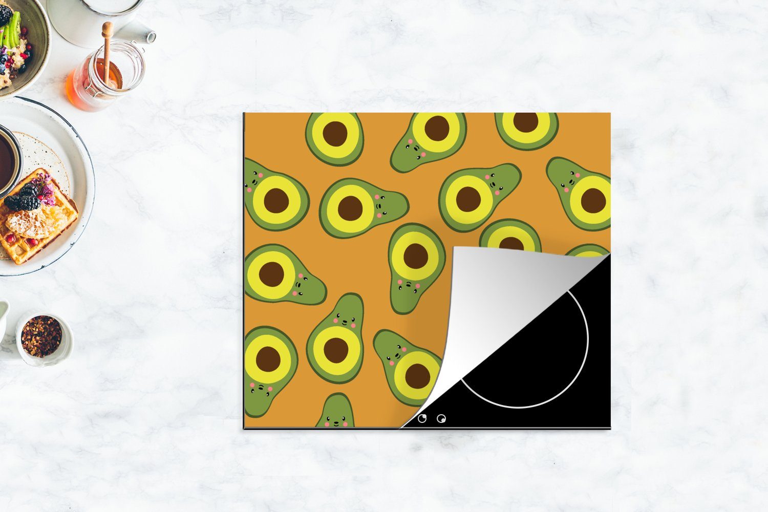 Herdblende-/Abdeckplatte Avocado, Kawaii Mobile cm, nutzbar, Arbeitsfläche (1 Muster - Vinyl, - 60x52 Ceranfeldabdeckung MuchoWow tlg),