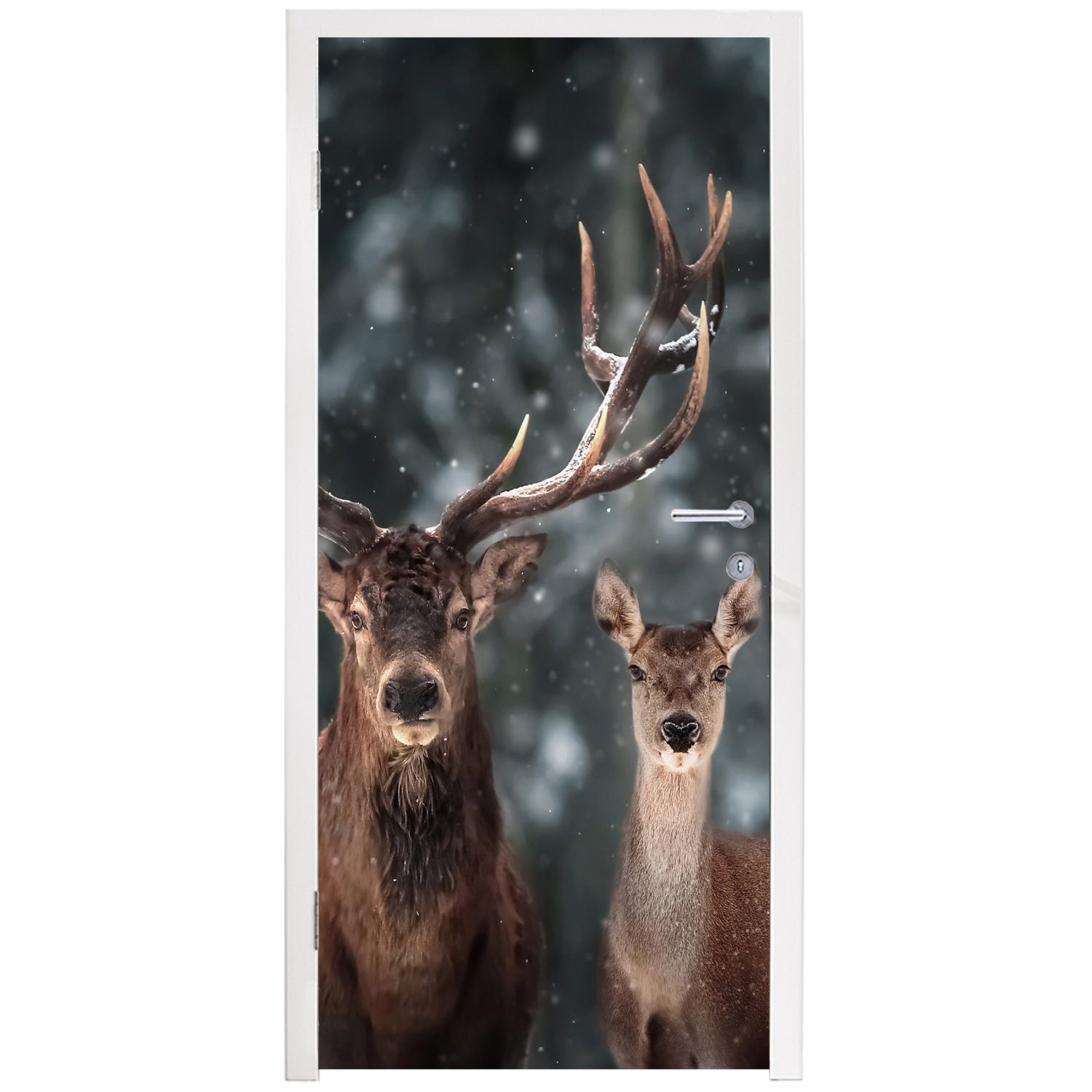 Winter cm Türaufkleber, Geweih 75x205 MuchoWow Fototapete Tür, - bedruckt, - - - Matt, - Natur, für Türtapete Tiere Schnee St), (1 Hirsche