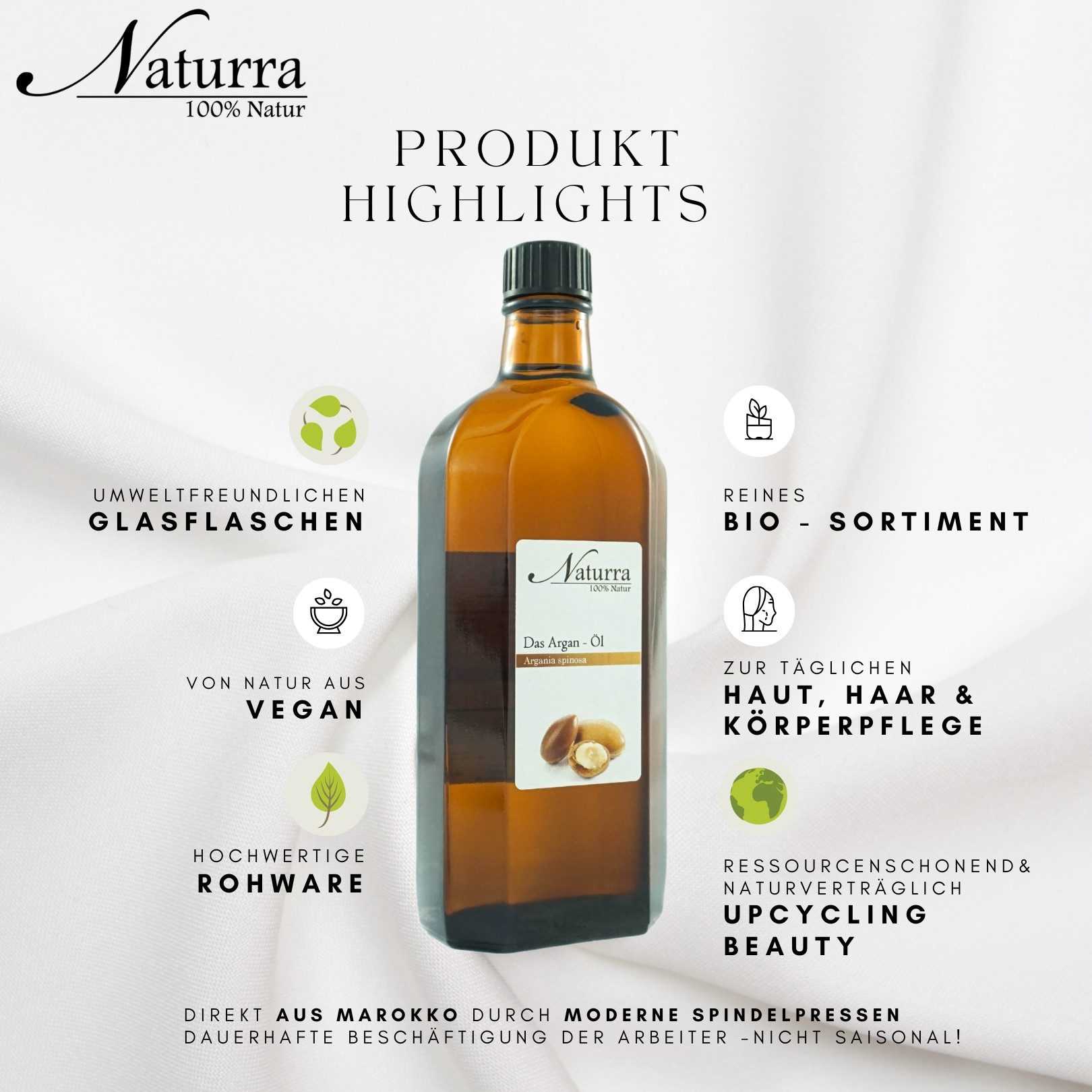 Naturra Körperöl Bio Arganöl nativ – kaltgepresst, unraffiniert premium Rohware im Glas, Bio-Vorzeige-Projekt, Upcycling Beauty, Hoher Omega-9-Anteil, Omega-6