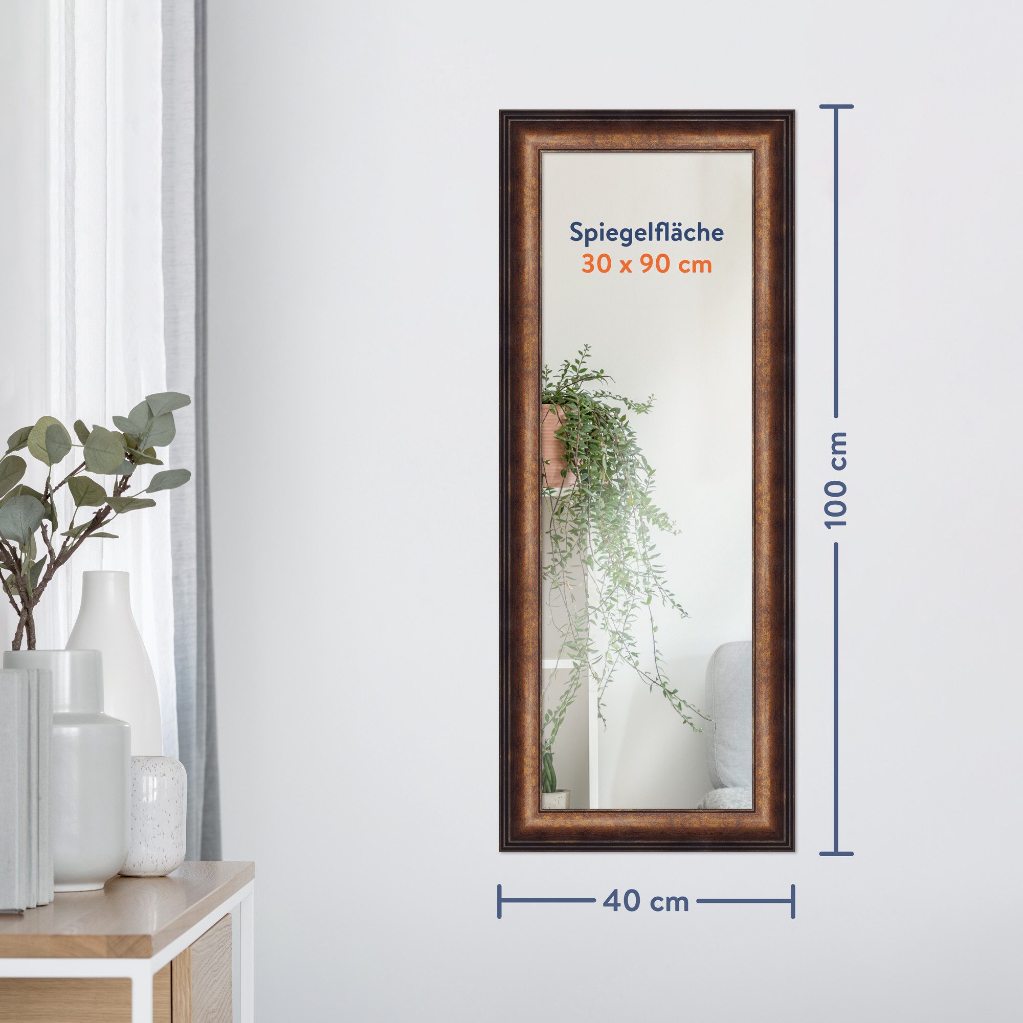 WANDStyle Wandspiegel H235, Vintage Spiegel Bronze 40x100 cm, großer Wandspiegel Bronze 40x100