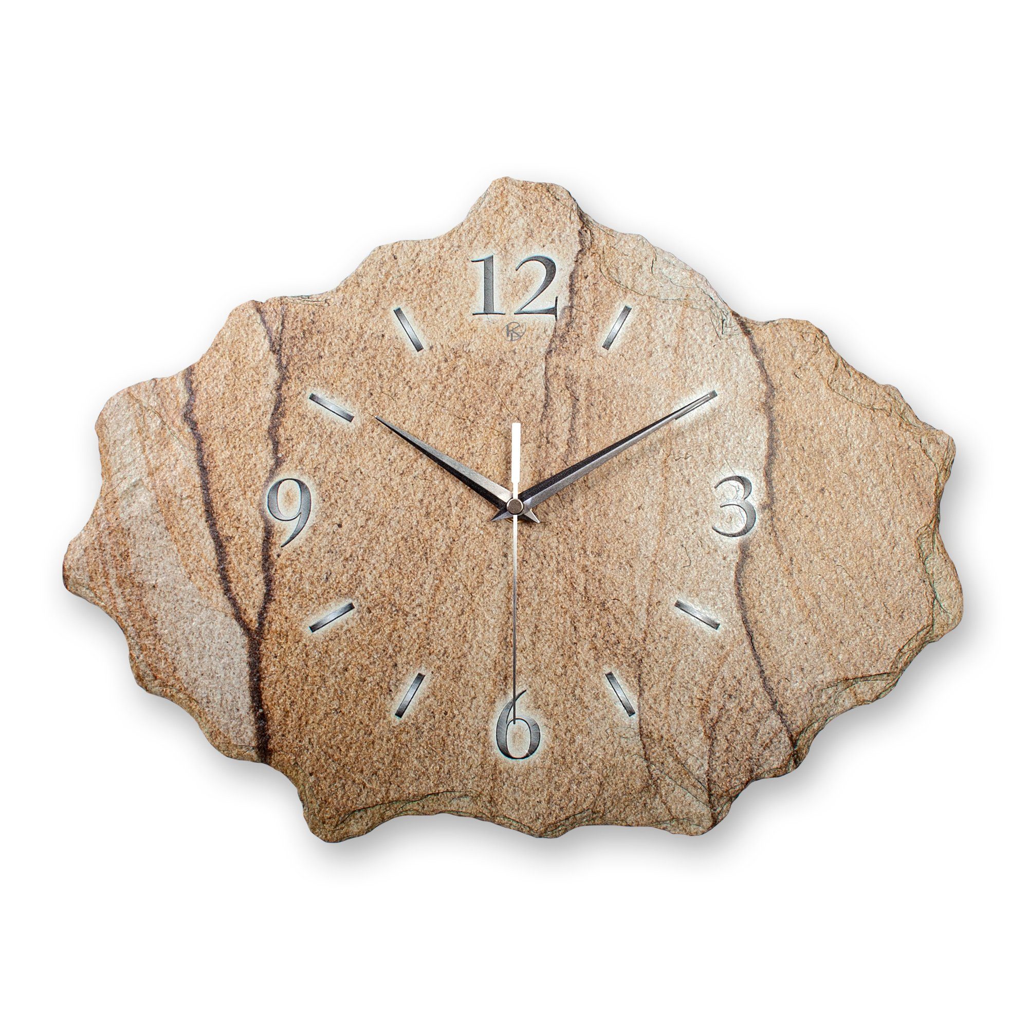 Kreative Feder Wanduhr Design-Wanduhr aus Stein (Beton) „Marmor-Optik beige“ (Funk- oder Quarzuhrwerk; ohne Ticken; elegant, außergewöhnlich, modern)