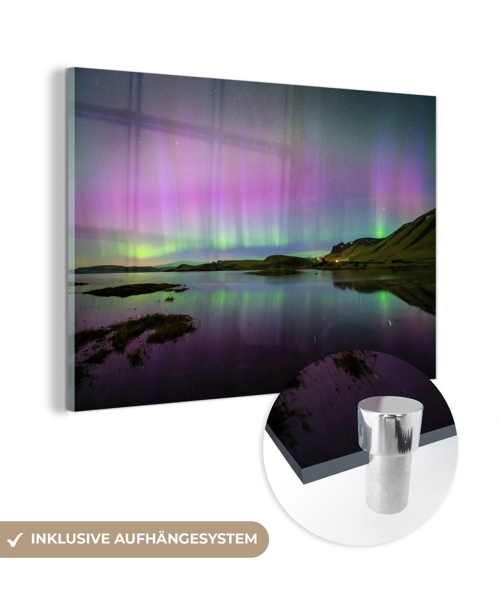 MuchoWow Acrylglasbild Nordlichter - Island - Violett, (1 St), Acrylglasbilder Wohnzimmer & Schlafzimmer bunt