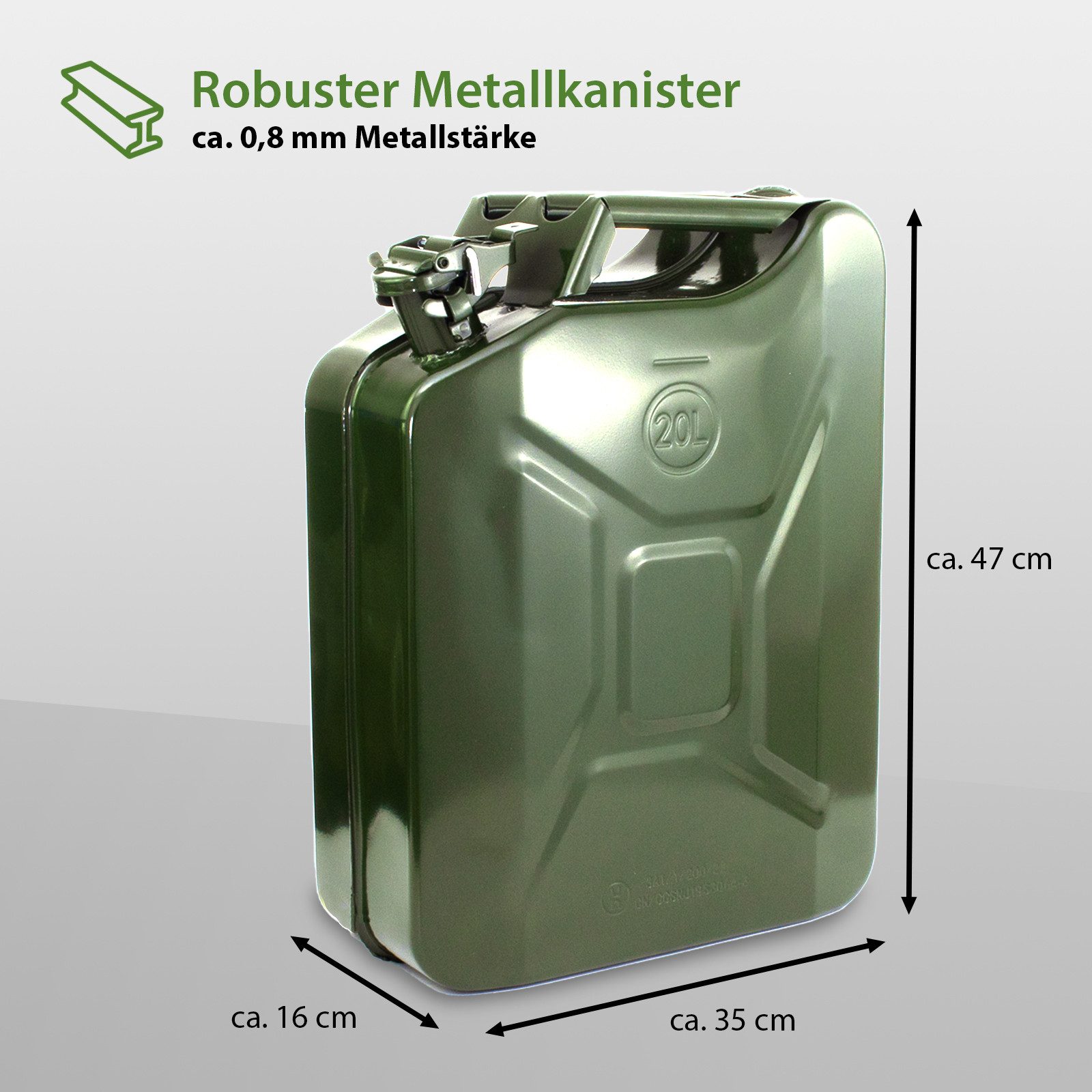 Holmwerk Kanister 3xDieselkanister 20 Liter Metallkanister Olivgrün mit Ausgießer (3er Set), Metallkanister Kraftstoffkanister Metall